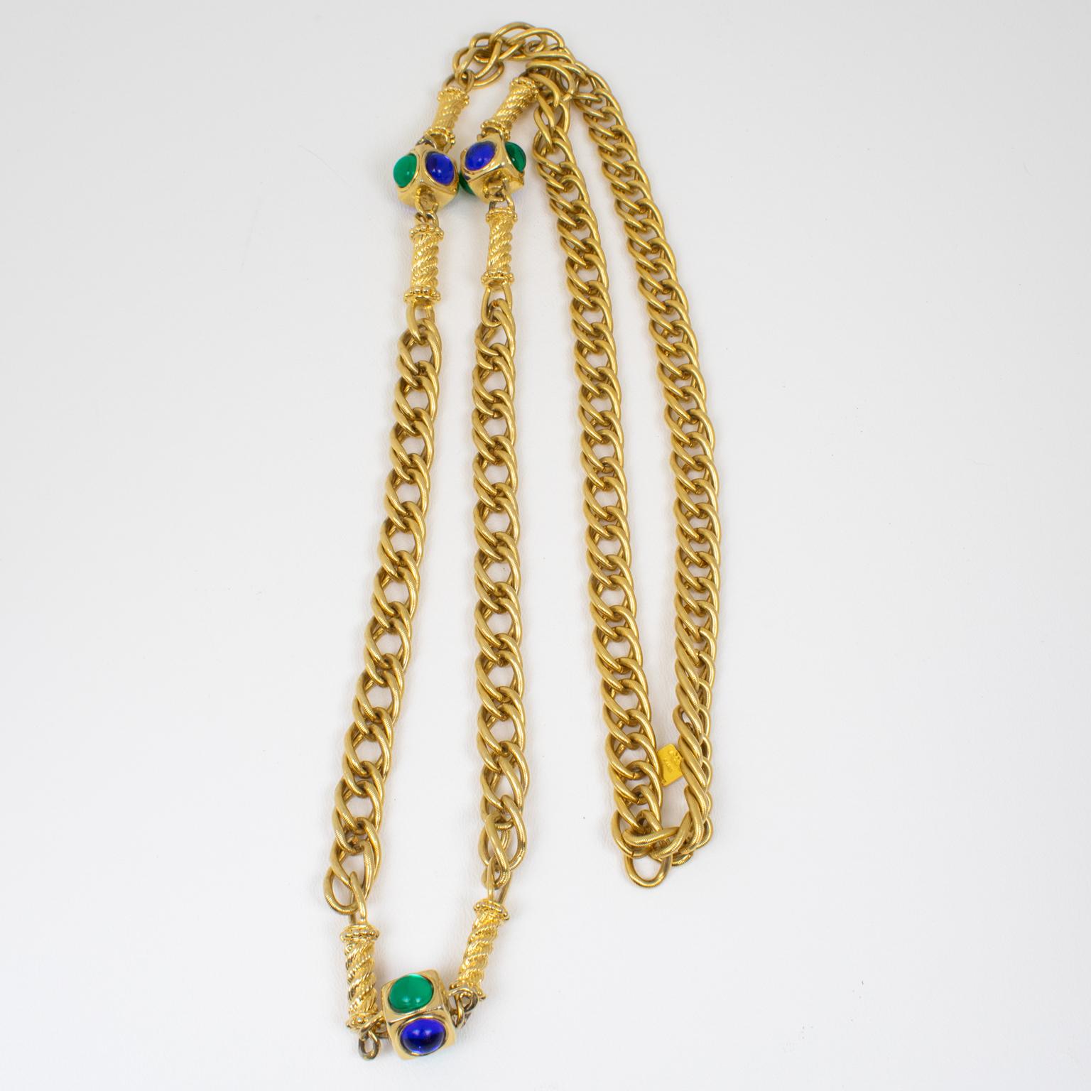 Women's Ungaro Paris Gilt Metal Long Necklace with Blue and Green Resin Cabochons For Sale