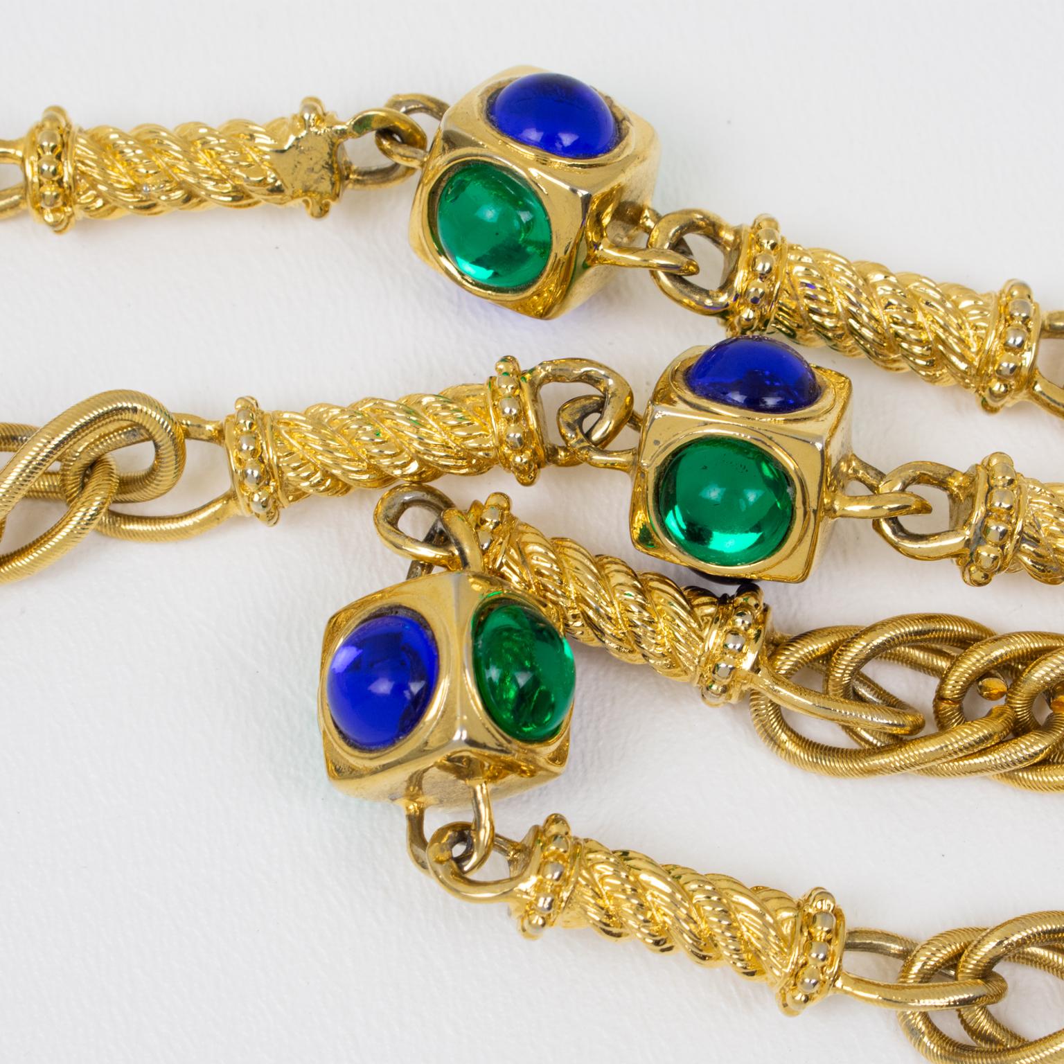 Ungaro Paris Gilt Metal Long Necklace with Blue and Green Resin Cabochons For Sale 1