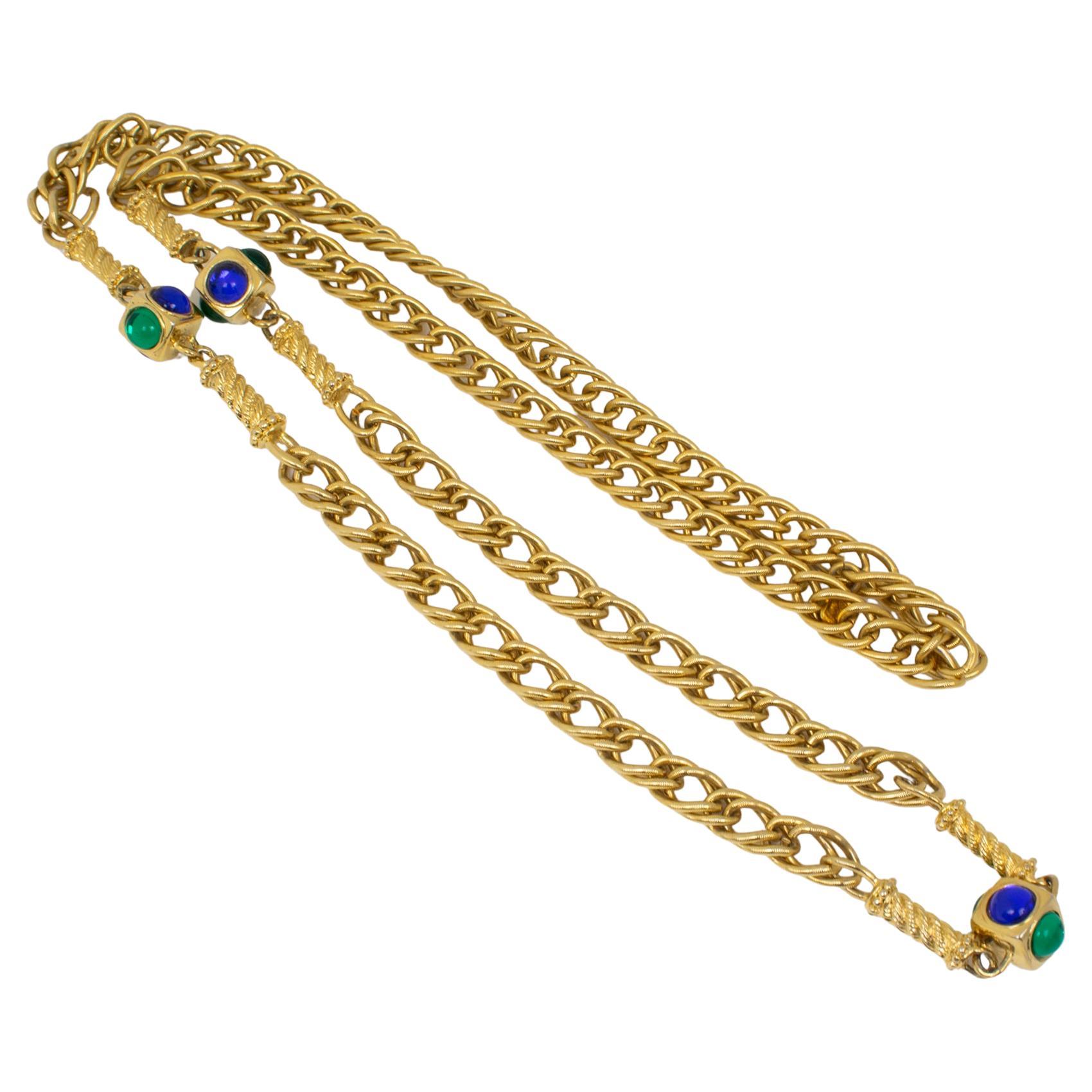 Ungaro Paris Gilt Metal Long Necklace with Blue and Green Resin Cabochons For Sale