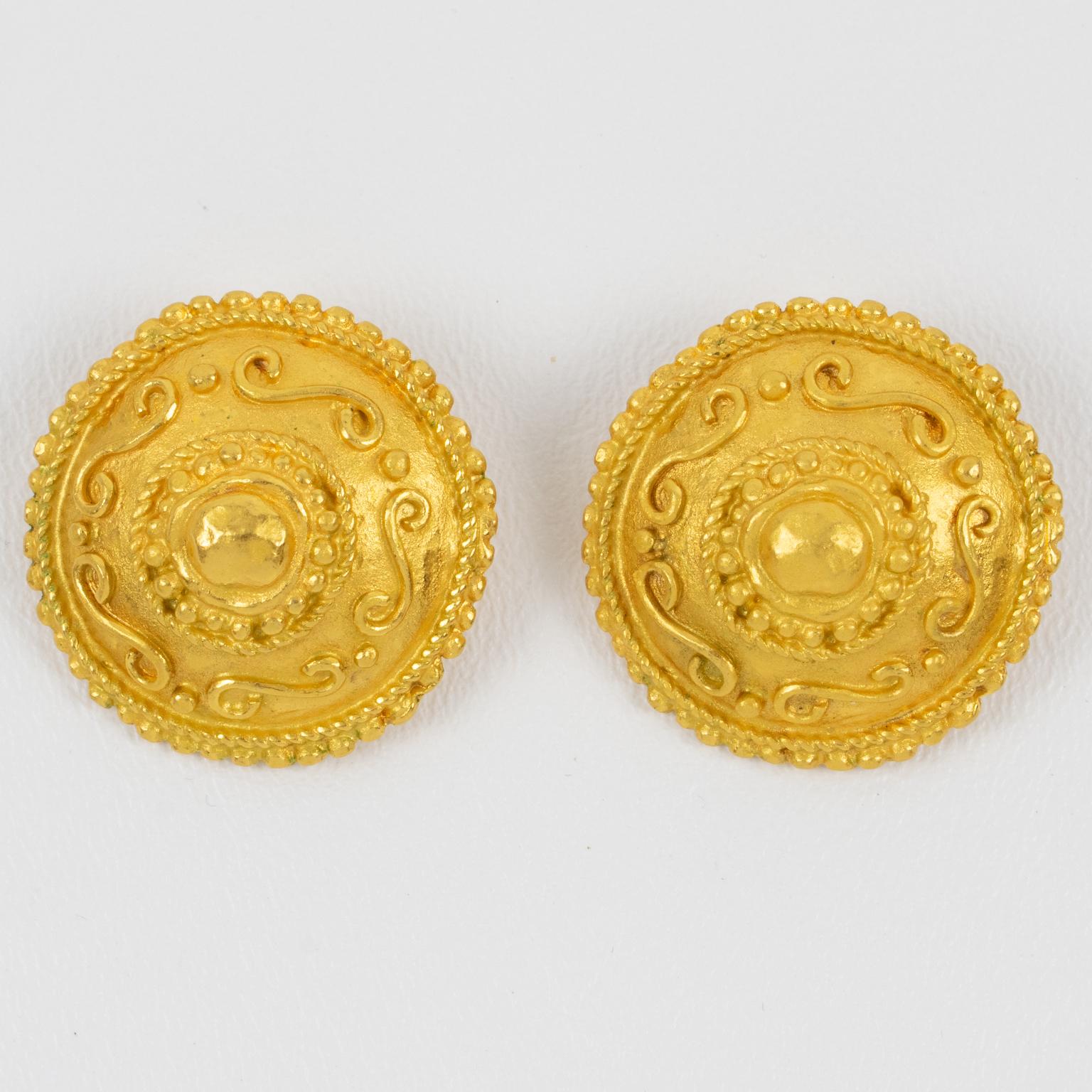 Modern Ungaro Paris Ornate Gilt Metal Clip Earrings For Sale