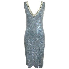 Ungaro Pearls and Sequins Grey Jersey V Neck Sheath Dress