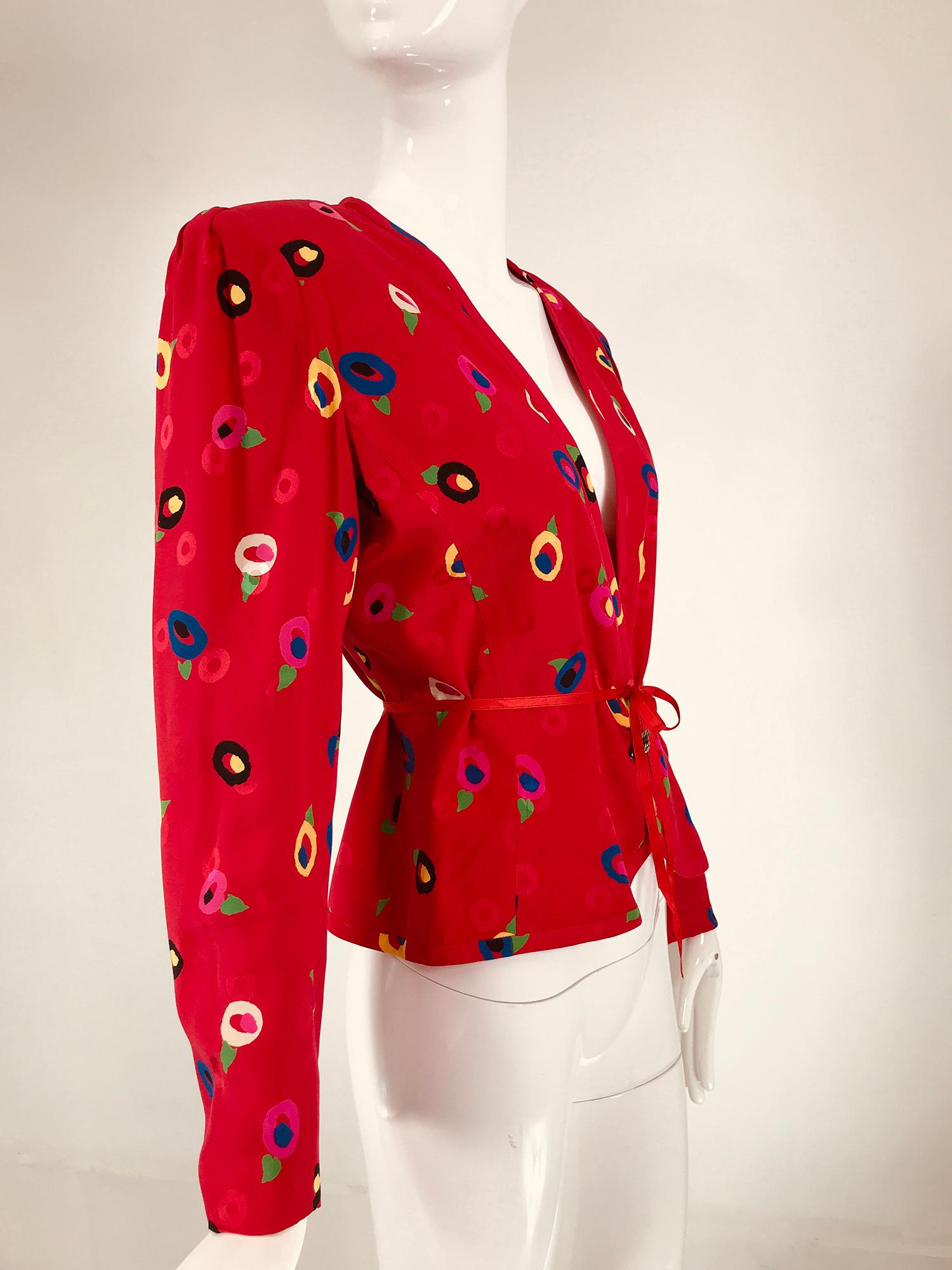 Ungaro Red Printed Silk Jacquard V Neck Button Front Jacket 1980s For Sale 8