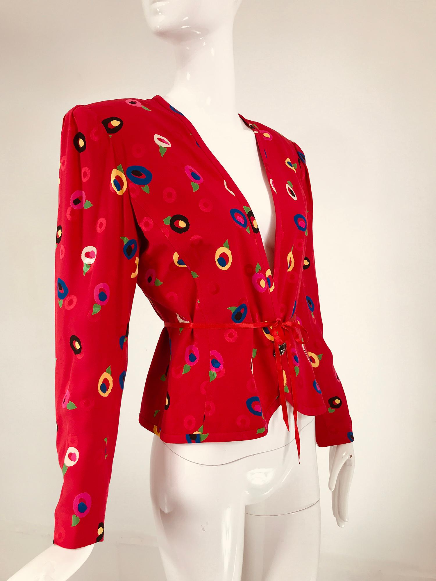 Ungaro Red Printed Silk Jacquard V Neck Button Front Jacket 1980s For Sale 9