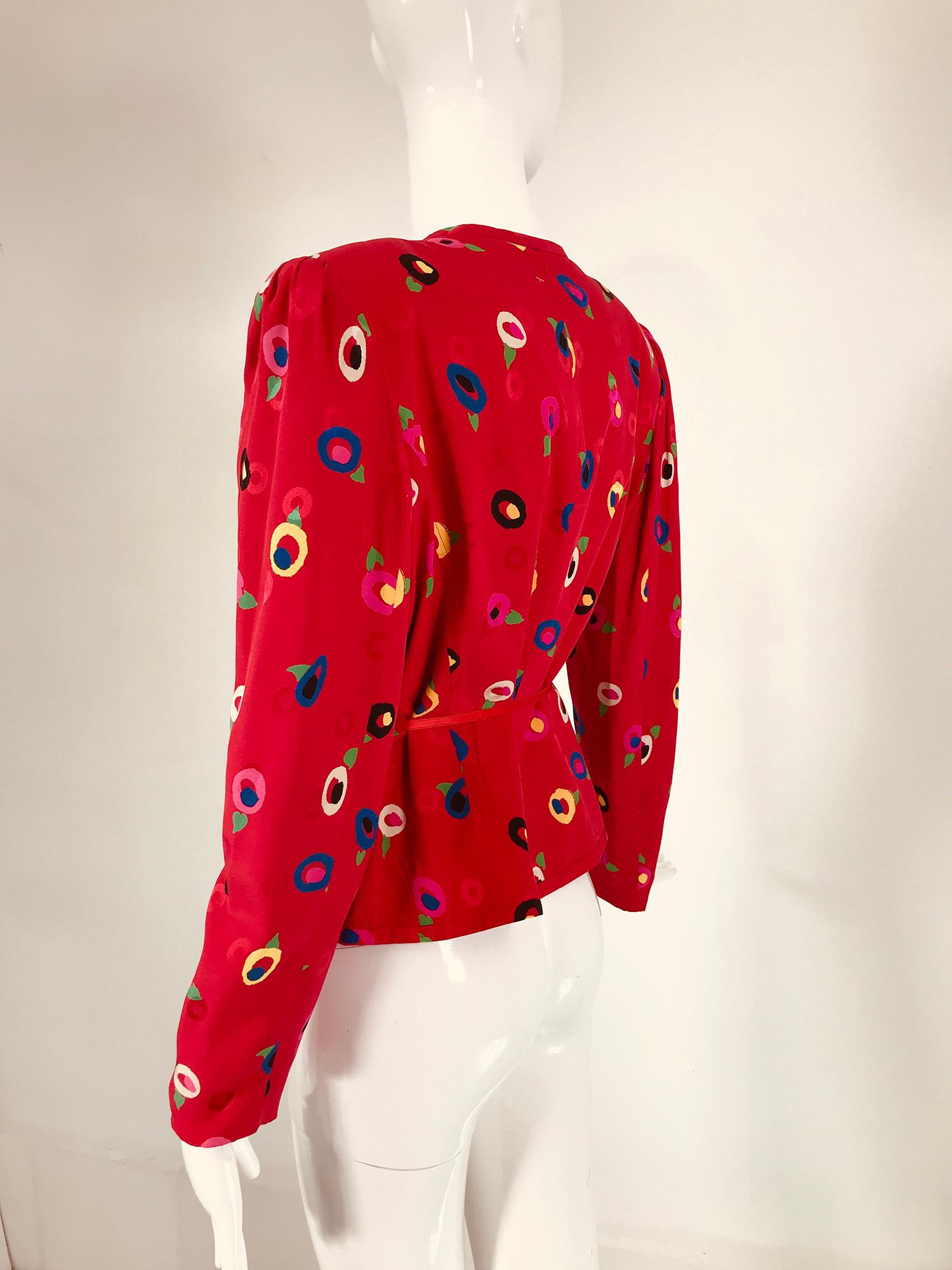 Ungaro Red Printed Silk Jacquard V Neck Button Front Jacket 1980s For Sale 1