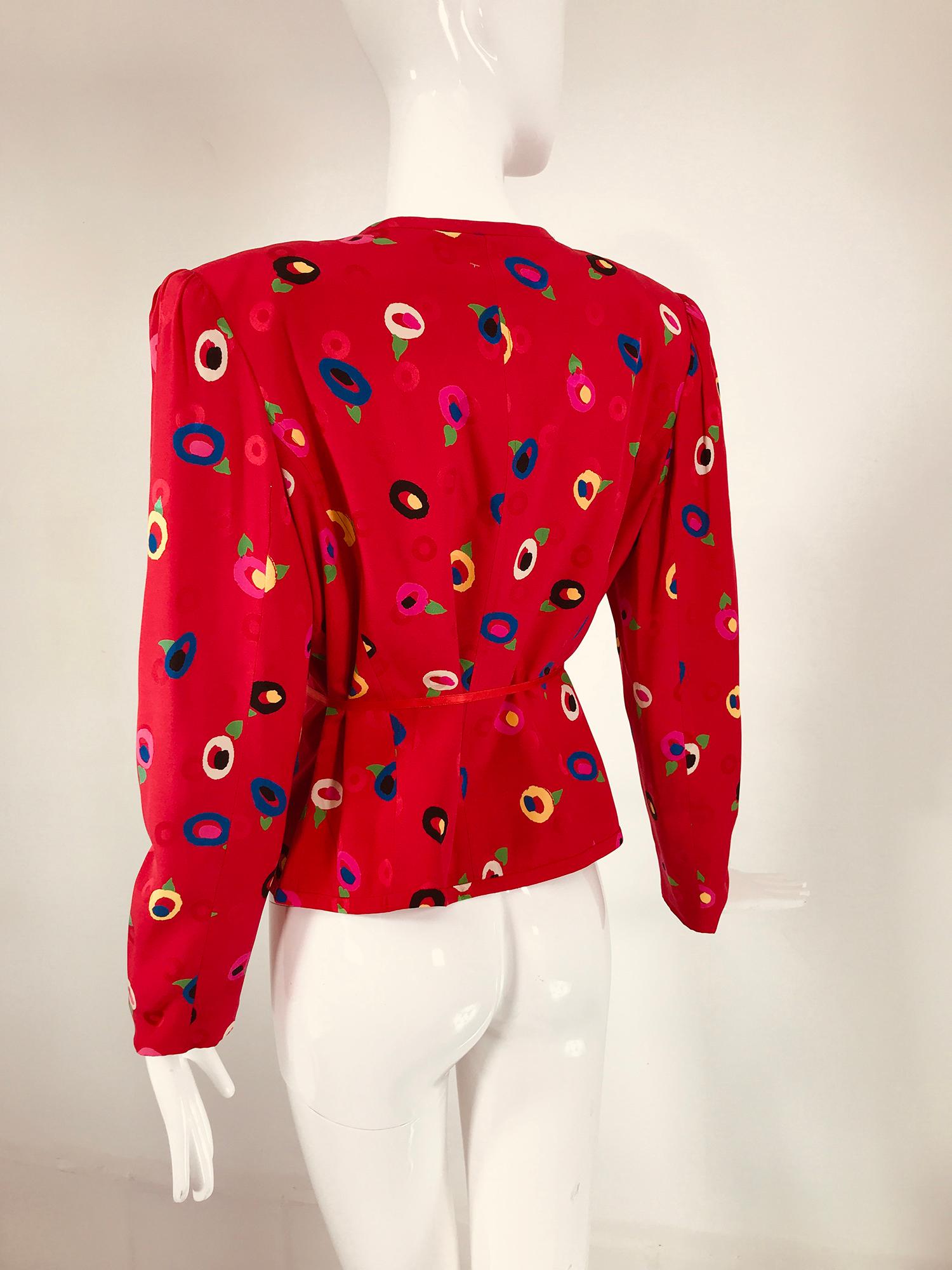 Ungaro Red Printed Silk Jacquard V Neck Button Front Jacket 1980s For Sale 2