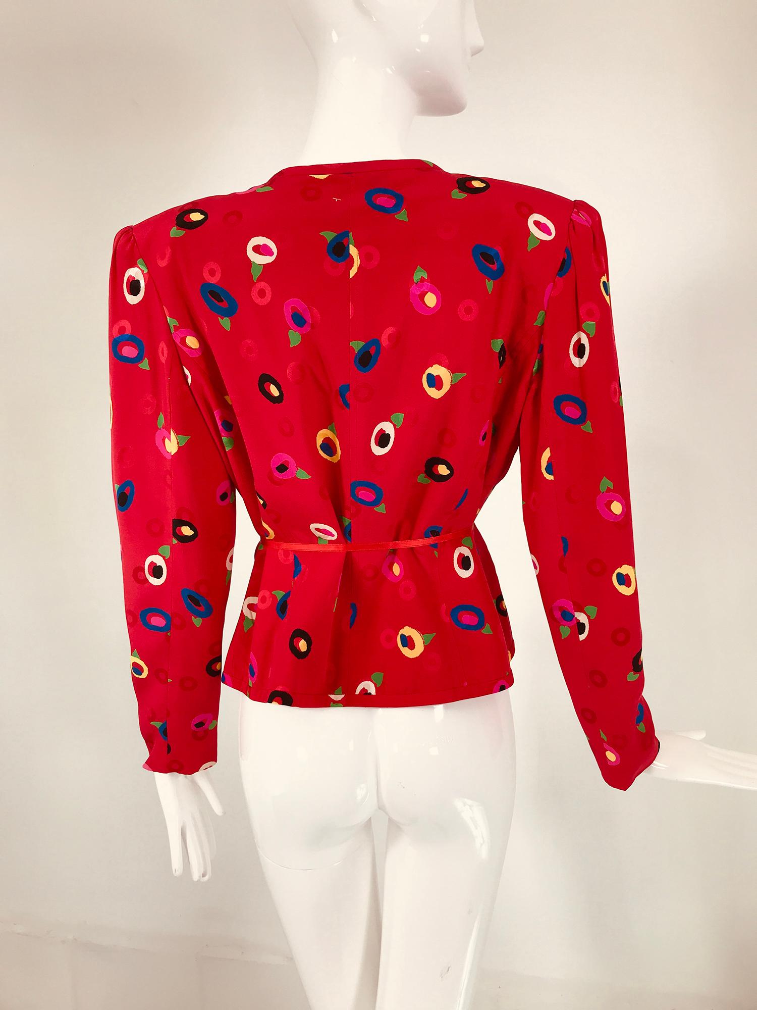 Ungaro Red Printed Silk Jacquard V Neck Button Front Jacket 1980s For Sale 3