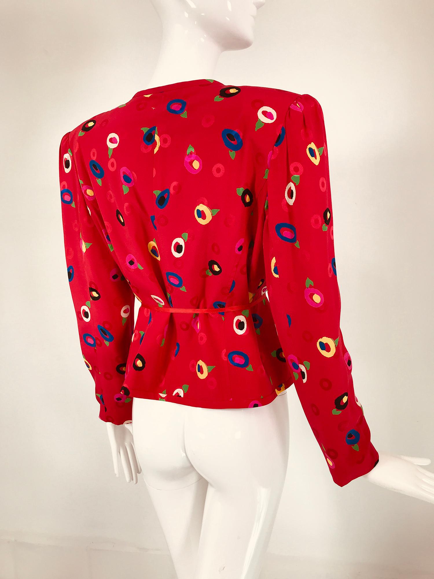 Ungaro Red Printed Silk Jacquard V Neck Button Front Jacket 1980s For Sale 4