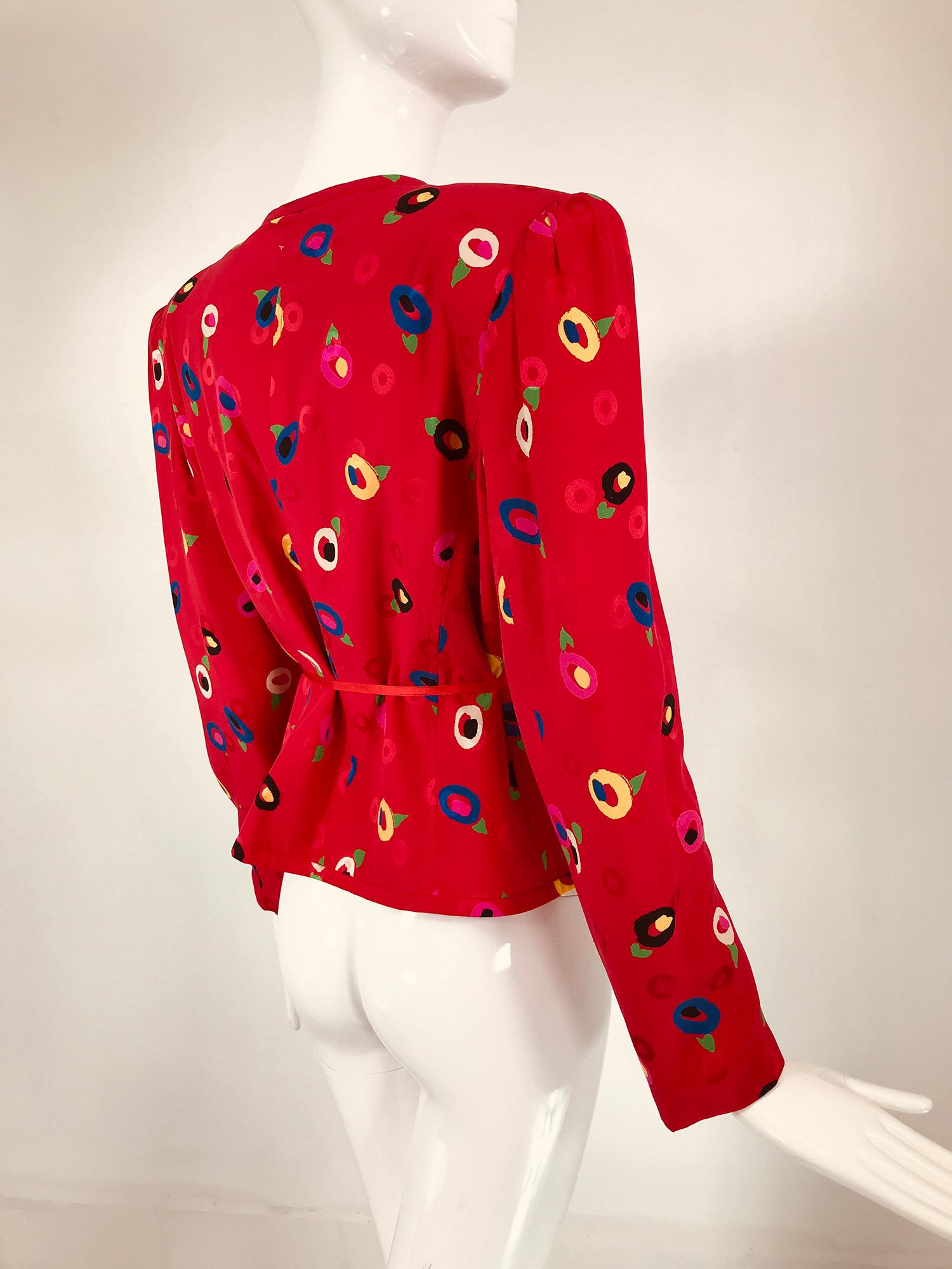 Ungaro Red Printed Silk Jacquard V Neck Button Front Jacket 1980s For Sale 5