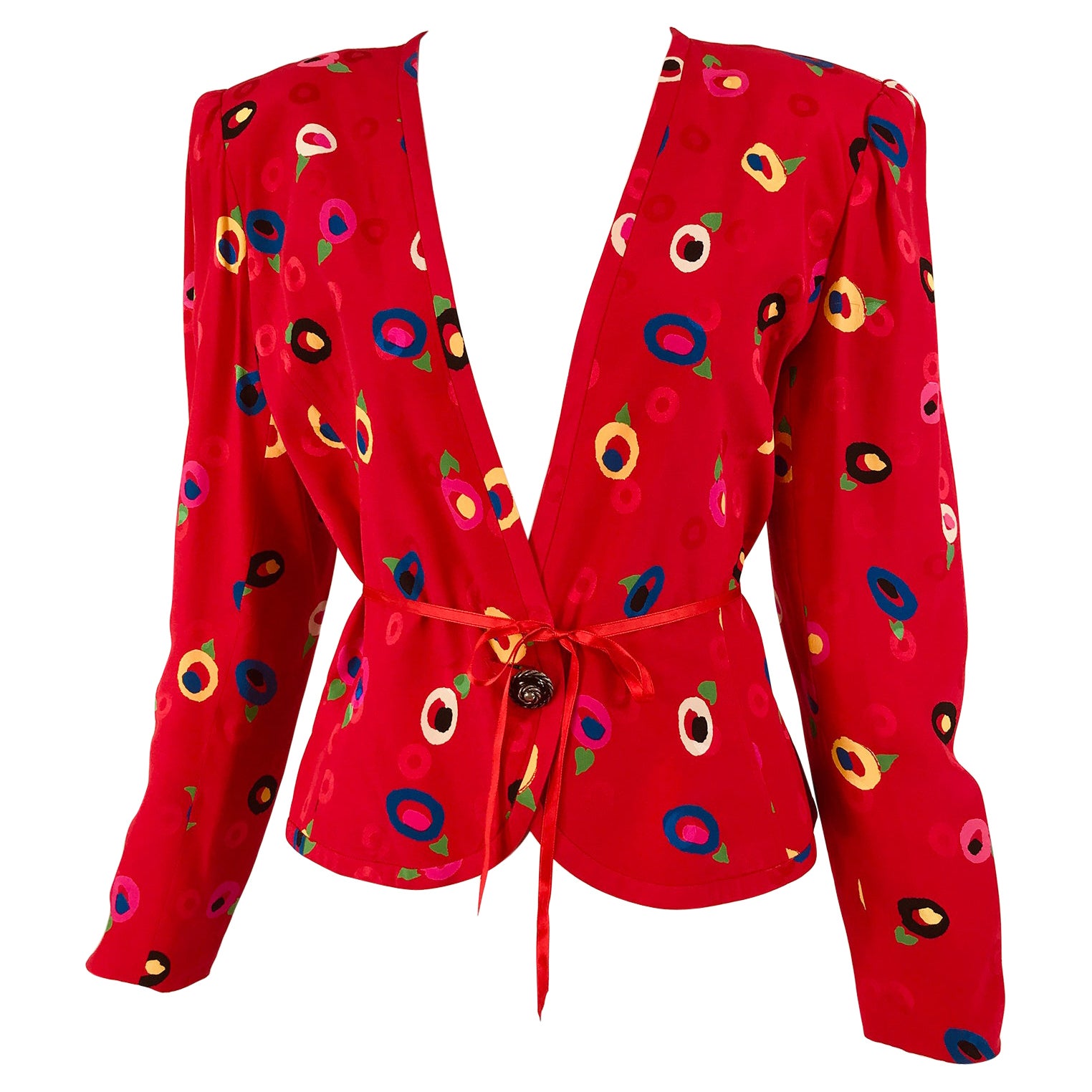 Ungaro Chaqueta roja de jacquard de seda estampada con cuello en V y botones delanteros Años 80 en venta