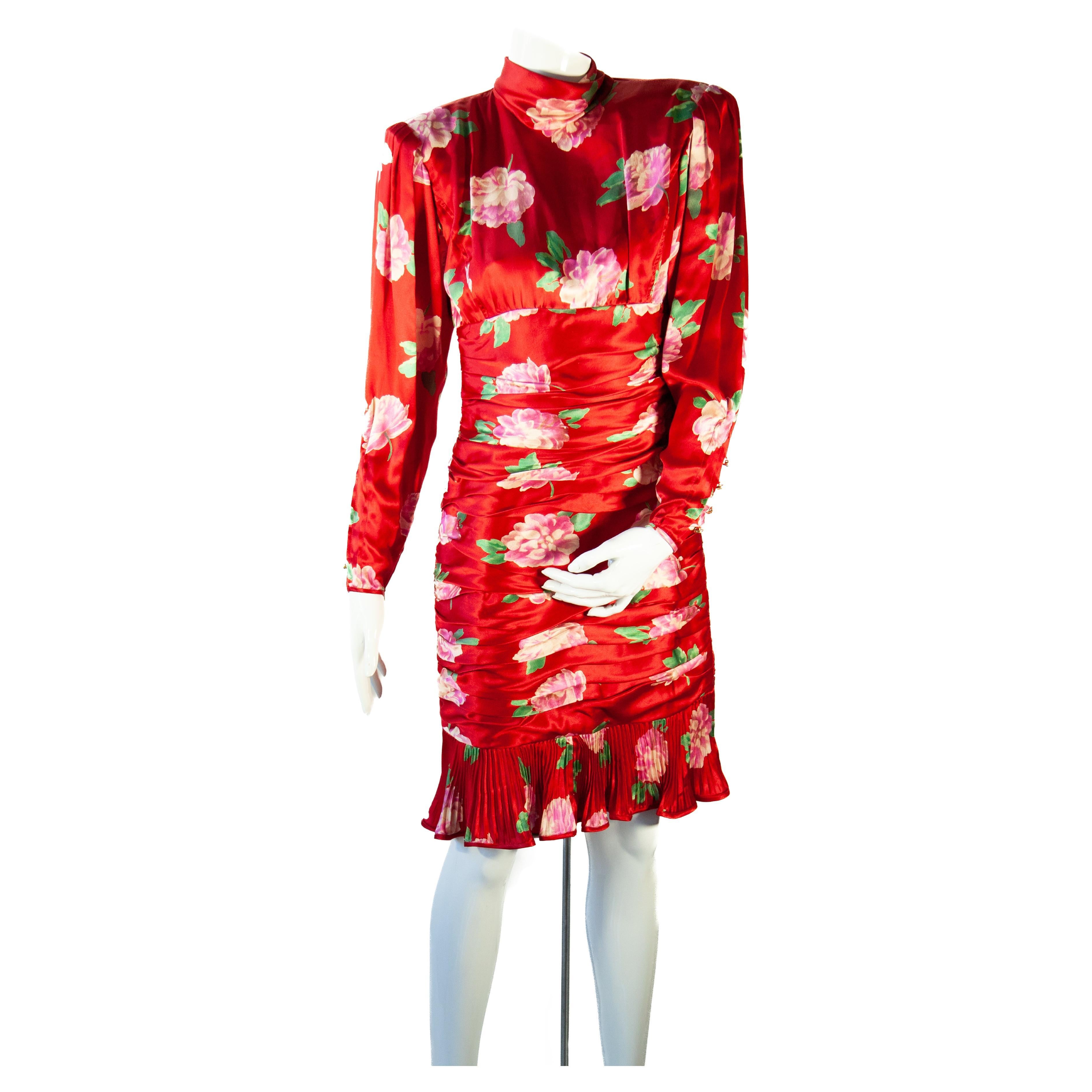 1980s Ungaro Parallele Paris Red Silk Floral Cocktail Dress