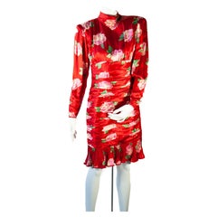 1980s Ungaro Parallele Paris Red Silk Floral Cocktail Dress 