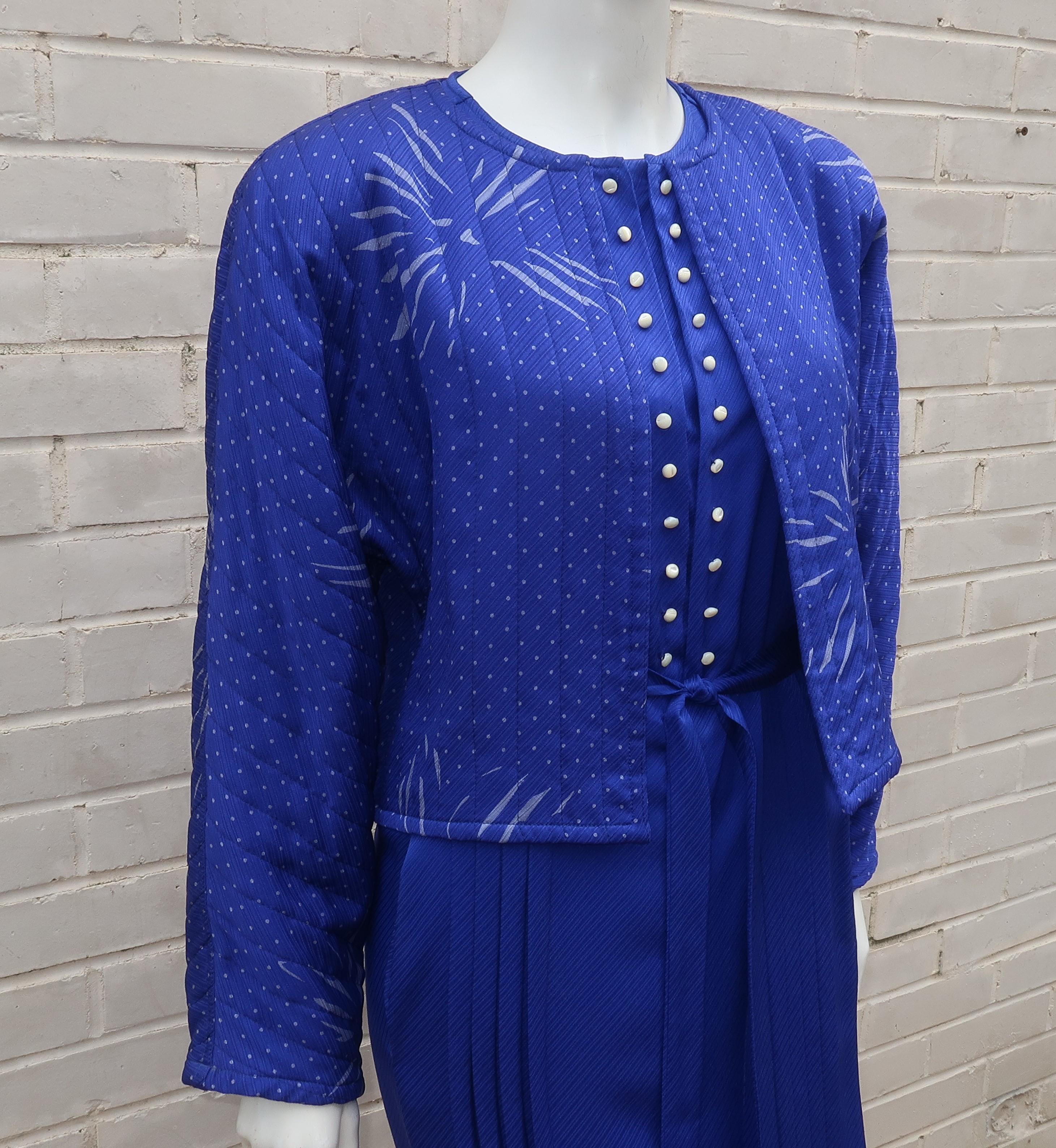 Ungaro Royal Blue Silk Dress & Quilted Jacket Set, C.1980 In Good Condition For Sale In Atlanta, GA