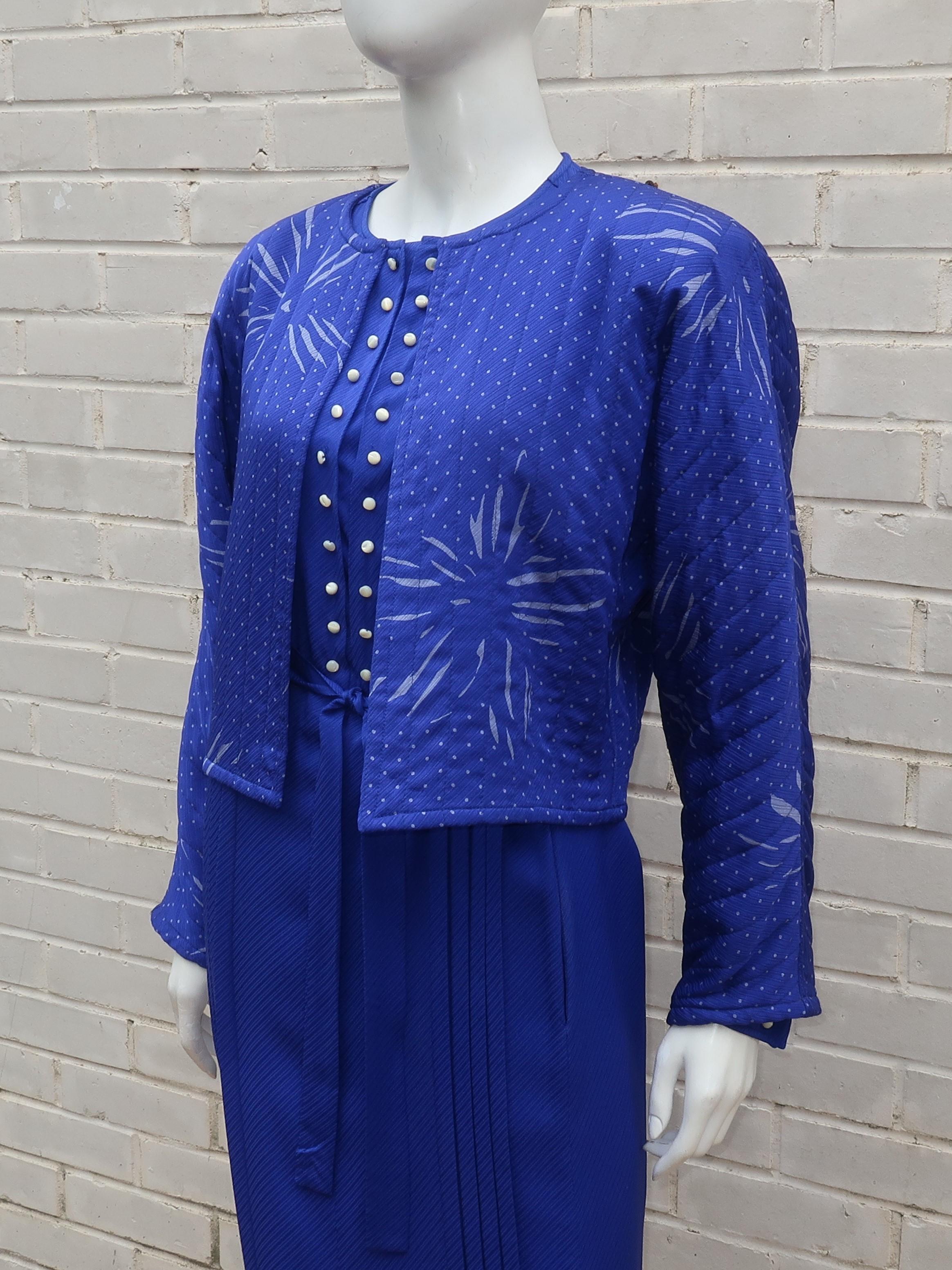 Women's Ungaro Royal Blue Silk Dress & Quilted Jacket Set, C.1980 For Sale