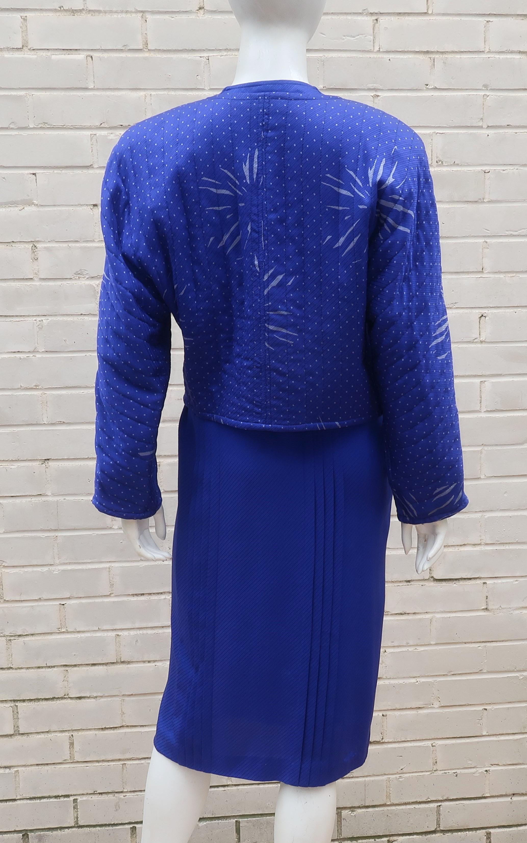 Ungaro Royal Blue Silk Dress & Quilted Jacket Set, C.1980 For Sale 1