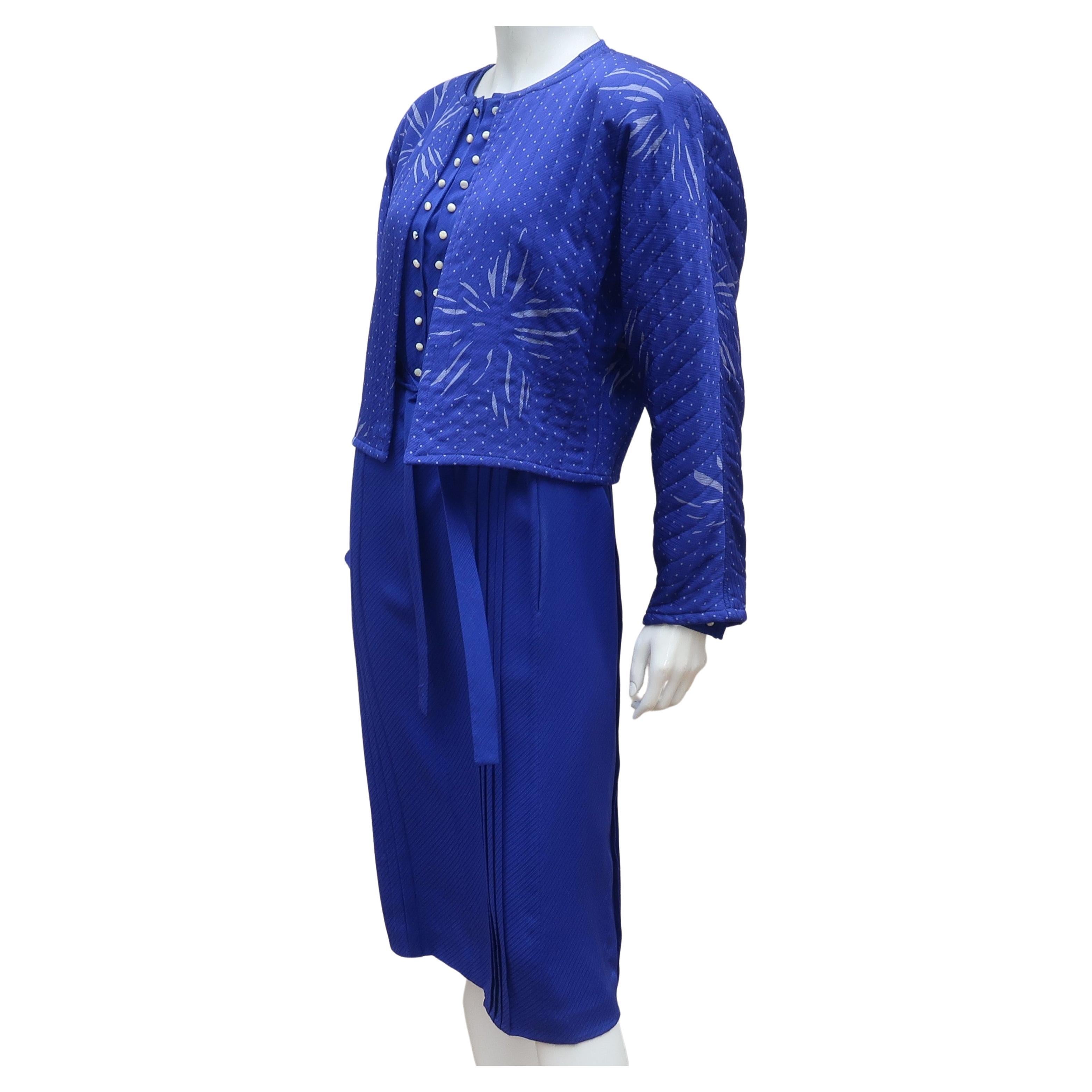 Ungaro Royal Blue Silk Dress & Quilted Jacket Set, C.1980 For Sale