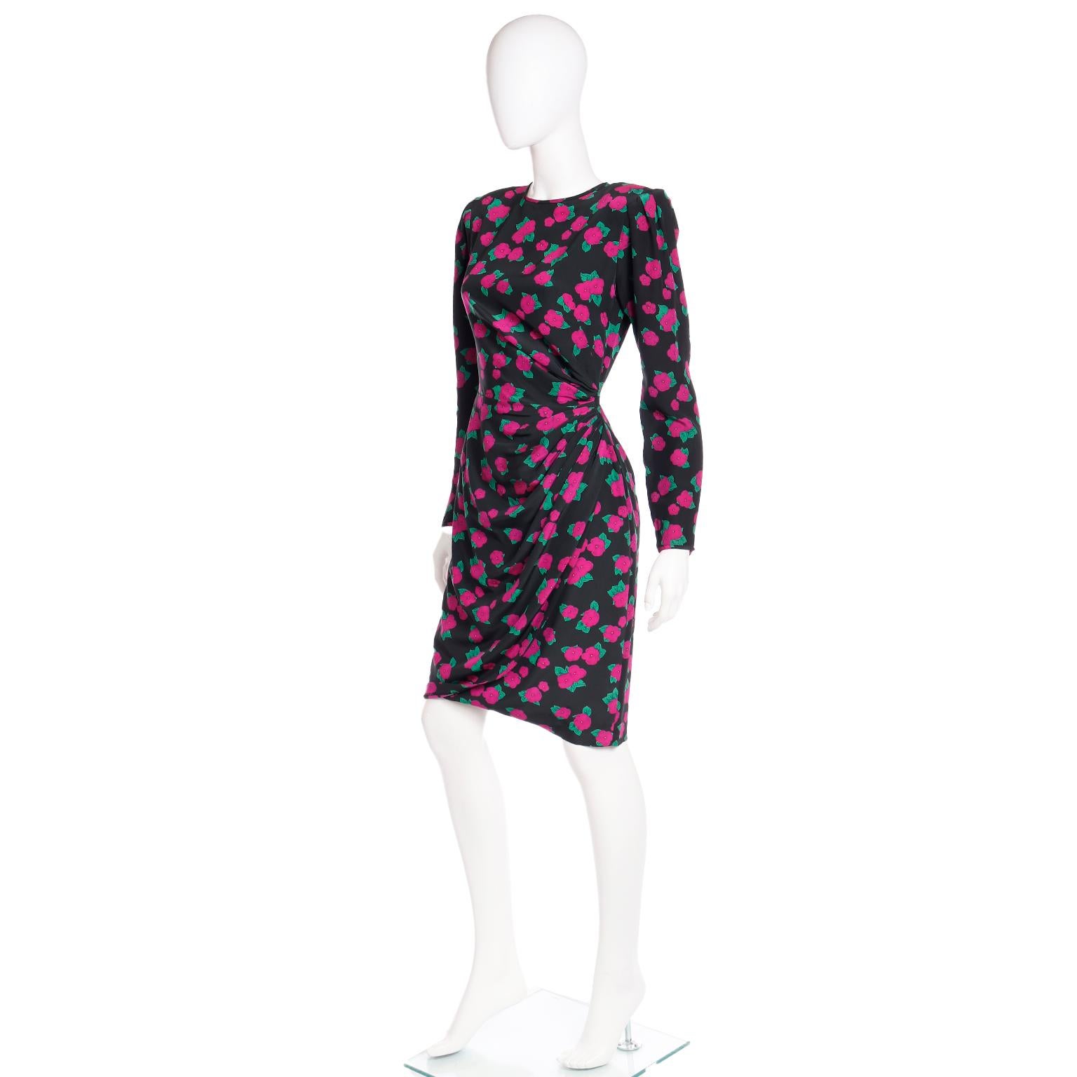 Ungaro Vintage Black Silk Dress in Magenta Pink and Green Floral Print In Excellent Condition For Sale In Portland, OR