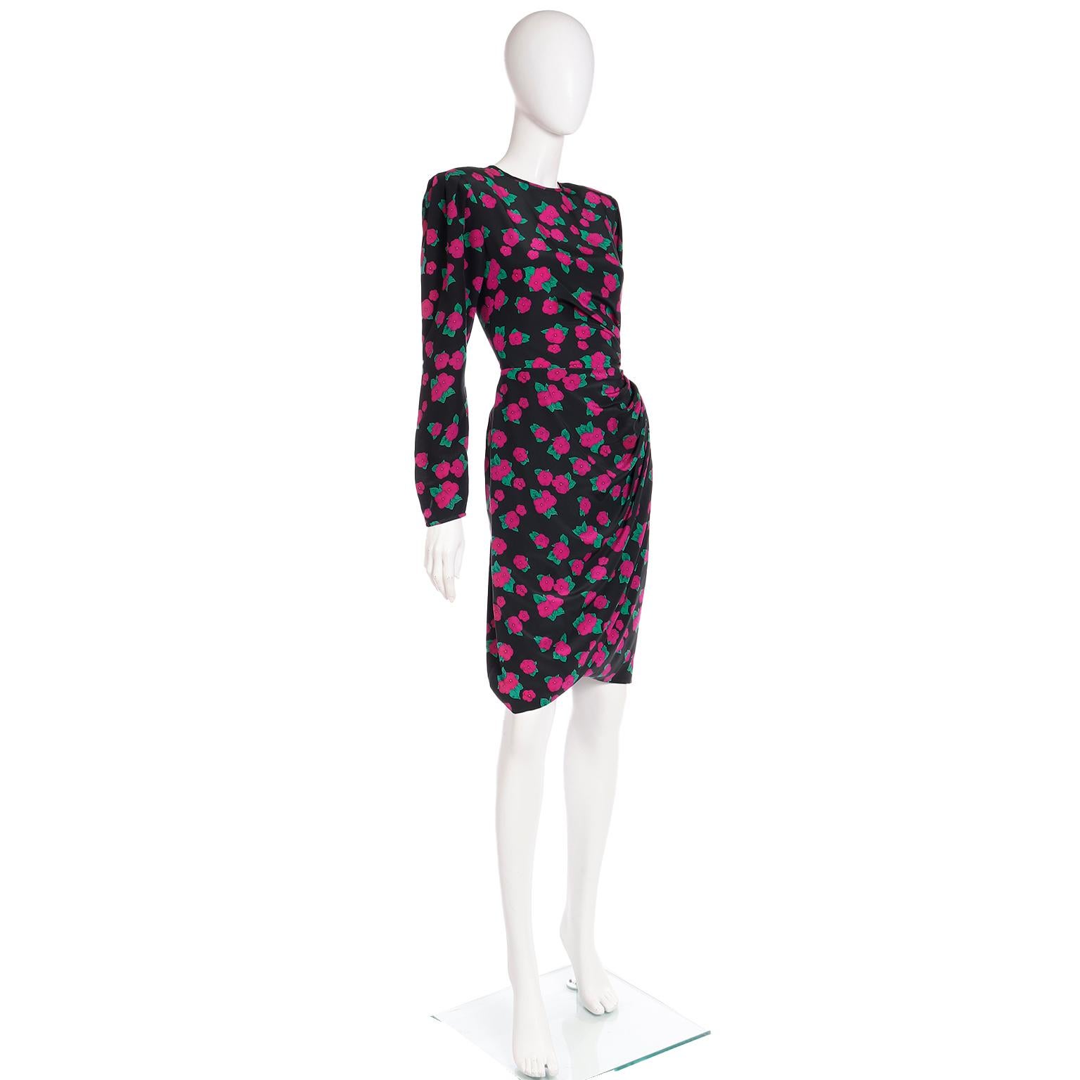 Ungaro Vintage Black Silk Dress in Magenta Pink and Green Floral Print For Sale 1