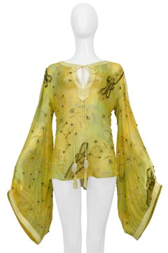 Ungaro Yellow And Green Embroidered Bead Silk Blouse Top