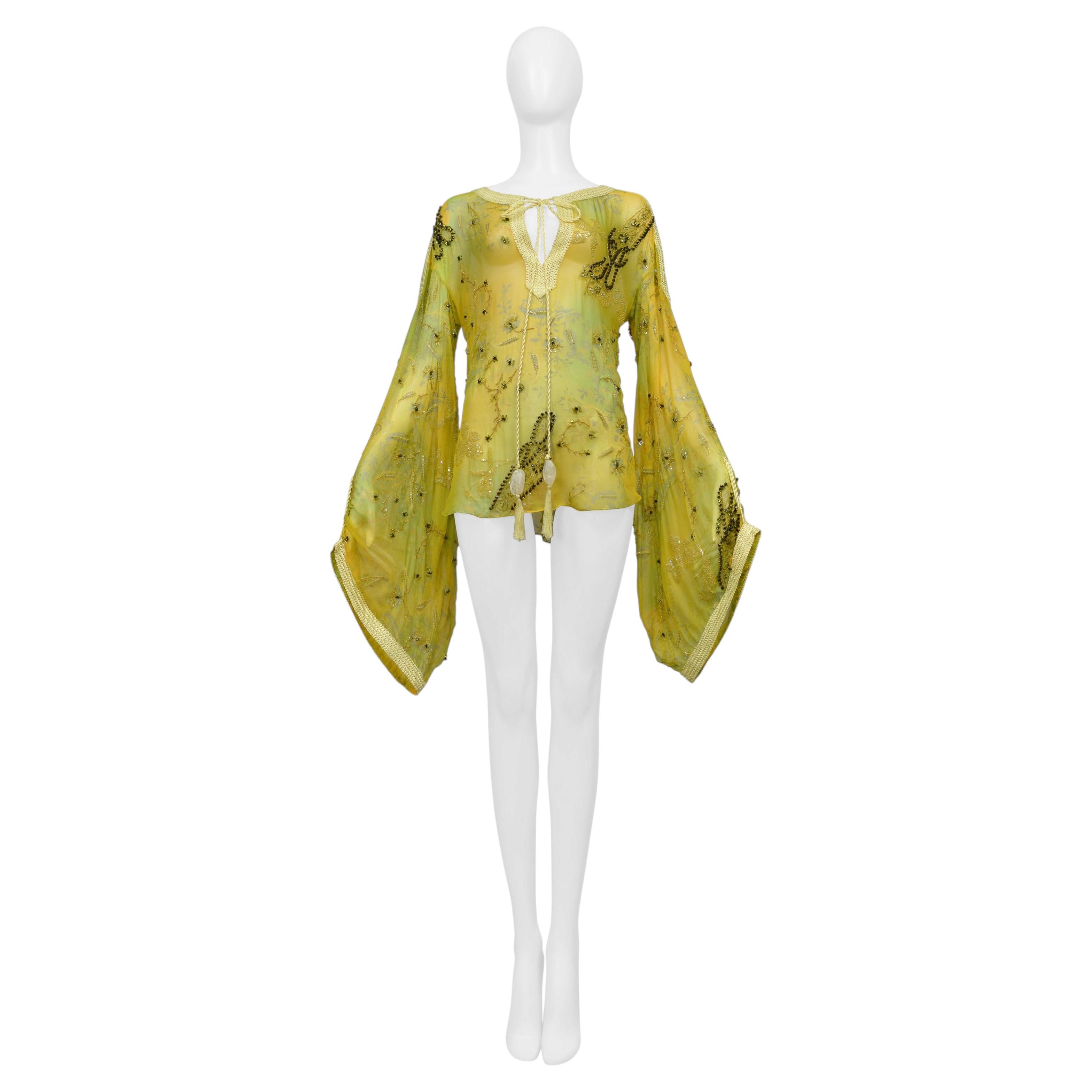 Ungaro Yellow And Green Embroidered Bead Silk Blouse Top