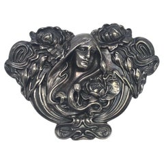 Unger Brothers Art Nouveau Sterling Silver Lady in Flowers Pin/Brooch #24719