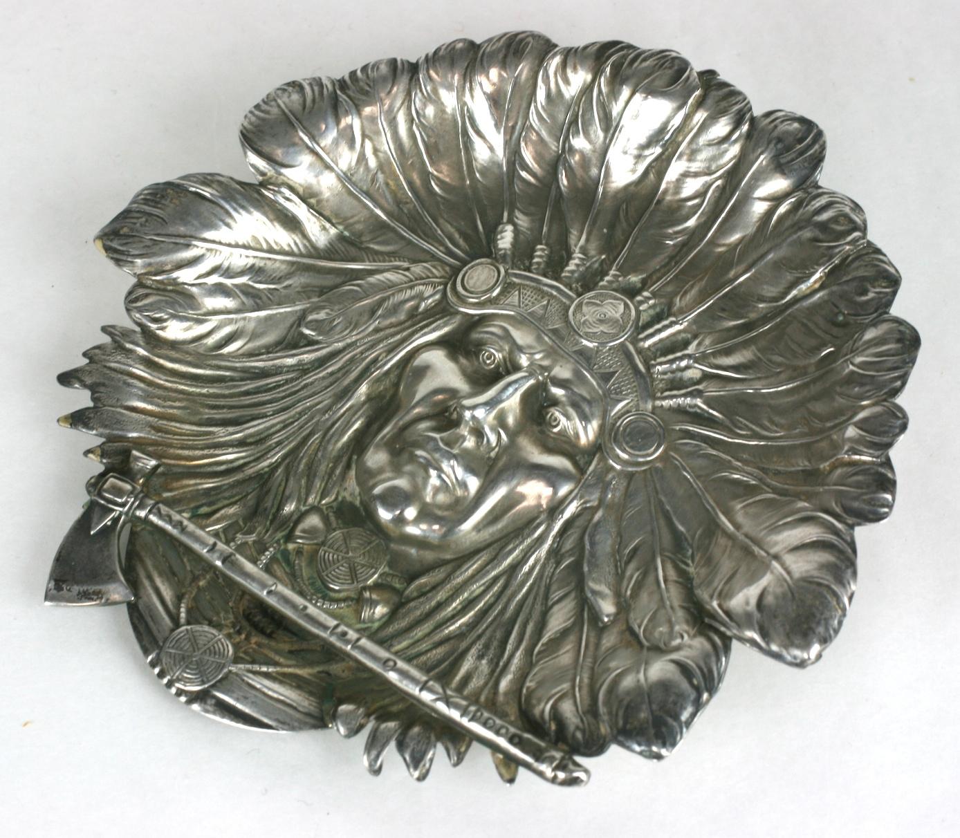 Rare Unger Sitting Bull Sterling Dish with an image of Sitting Bull from the late 19th Century. 1880's USA. Signed. 4.25