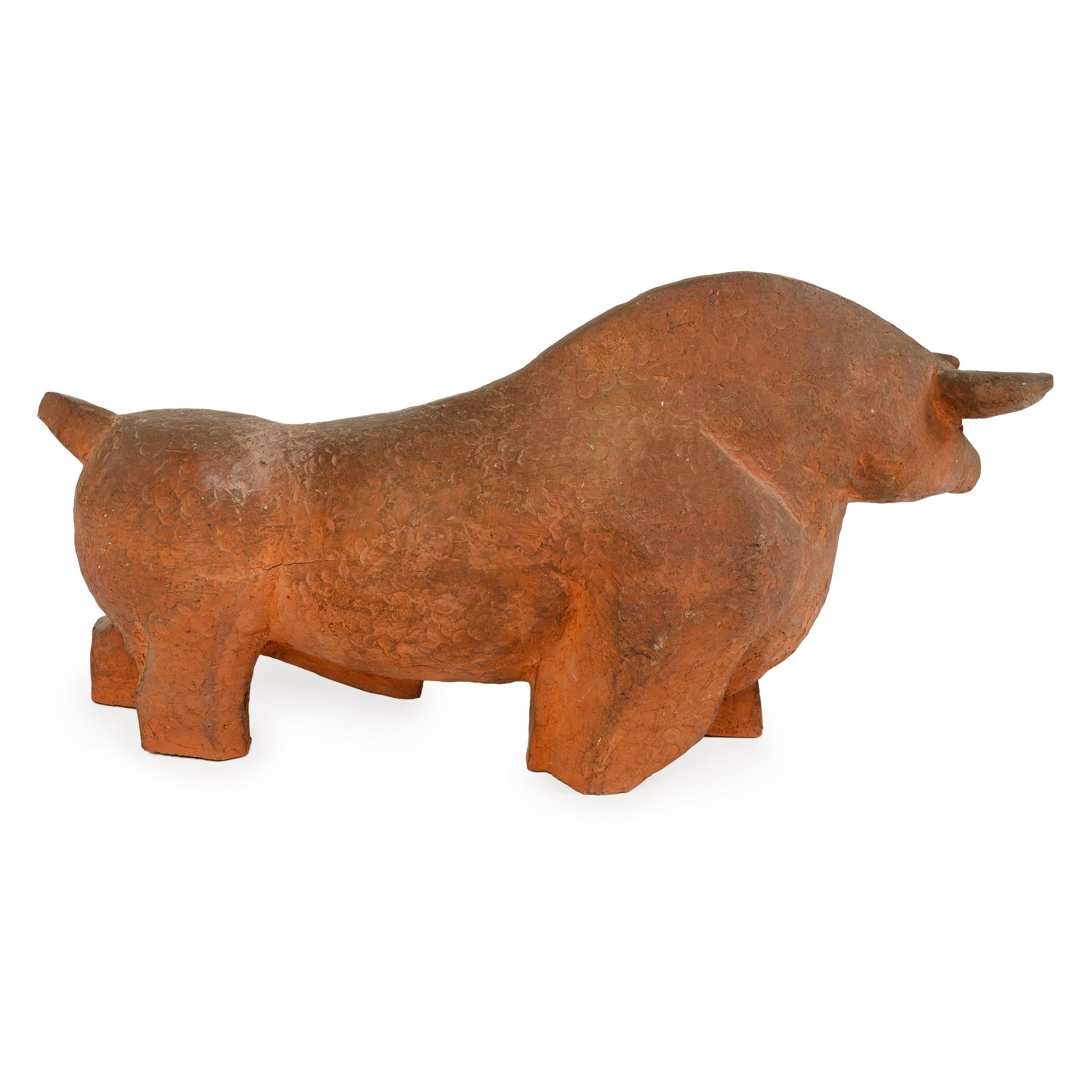 American Unglazed Earthenware Ceramic Bull Sculpture