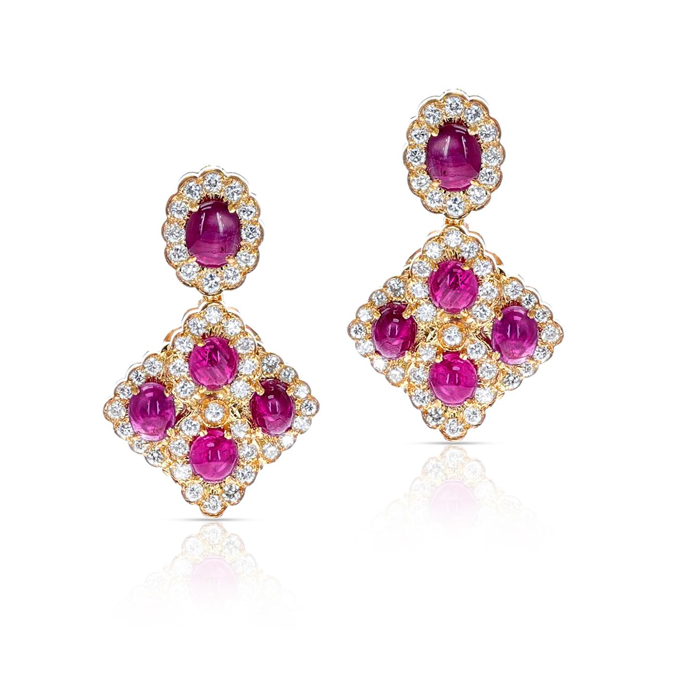 A stunning Unheated 10 Burma Star Ruby Cabochon and Diamond pair of earrings, part of a set which includes earrings and two pendants. Please contact us for more information on the set. Length: 1.45