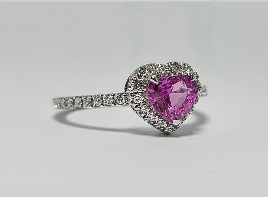 GFCO Certified Unheated Vivid Pink Sapphire Heart,Natural  Diamond Halo/Shank
18K White Gold Ring