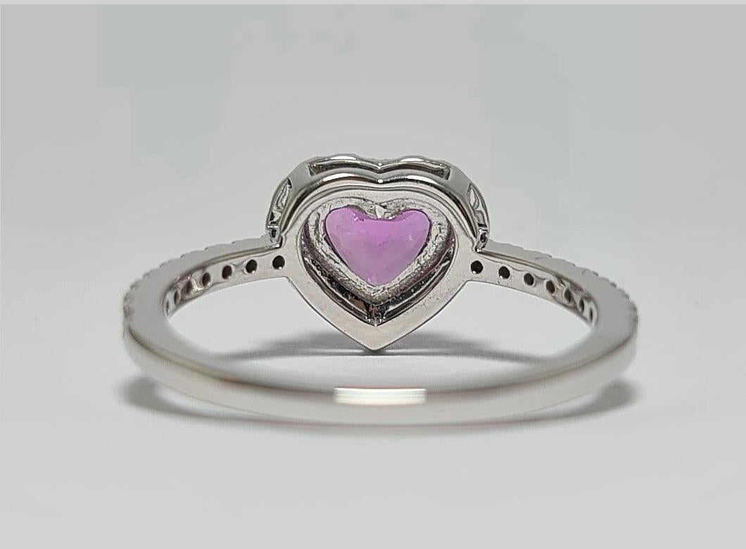 Romantic Unheated 1.01Ct Vivid Pink Sapphire Heart Diamond Halo/Shank 18K White Gold Ring For Sale
