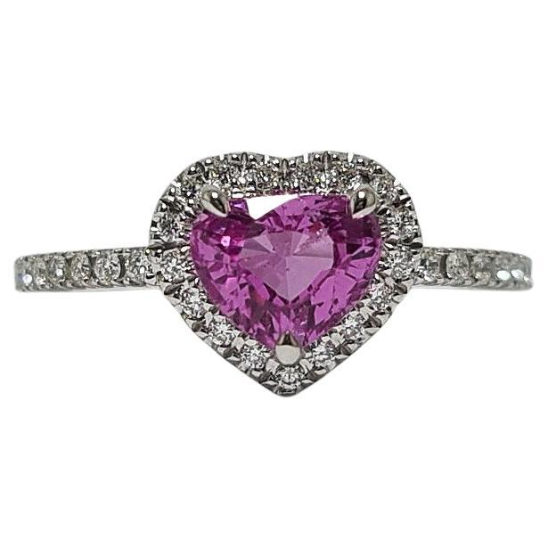 Unheated 1.01Ct Vivid Pink Sapphire Heart Diamond Halo/Shank 18K White Gold Ring For Sale