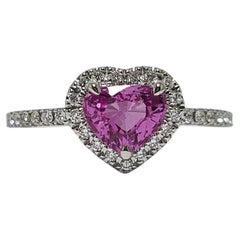 Unheated 1.01Ct Vivid Pink Sapphire Heart Diamond Halo/Shank 18K White Gold Ring