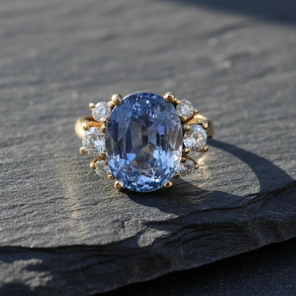 Cocktail-Verlobungsring mit blauem Saphir und Diamant, natürlich zertifiziert und nicht erhitzt 
In der Mitte ein großer 9,94 Karat Ceylon-Saphir, 