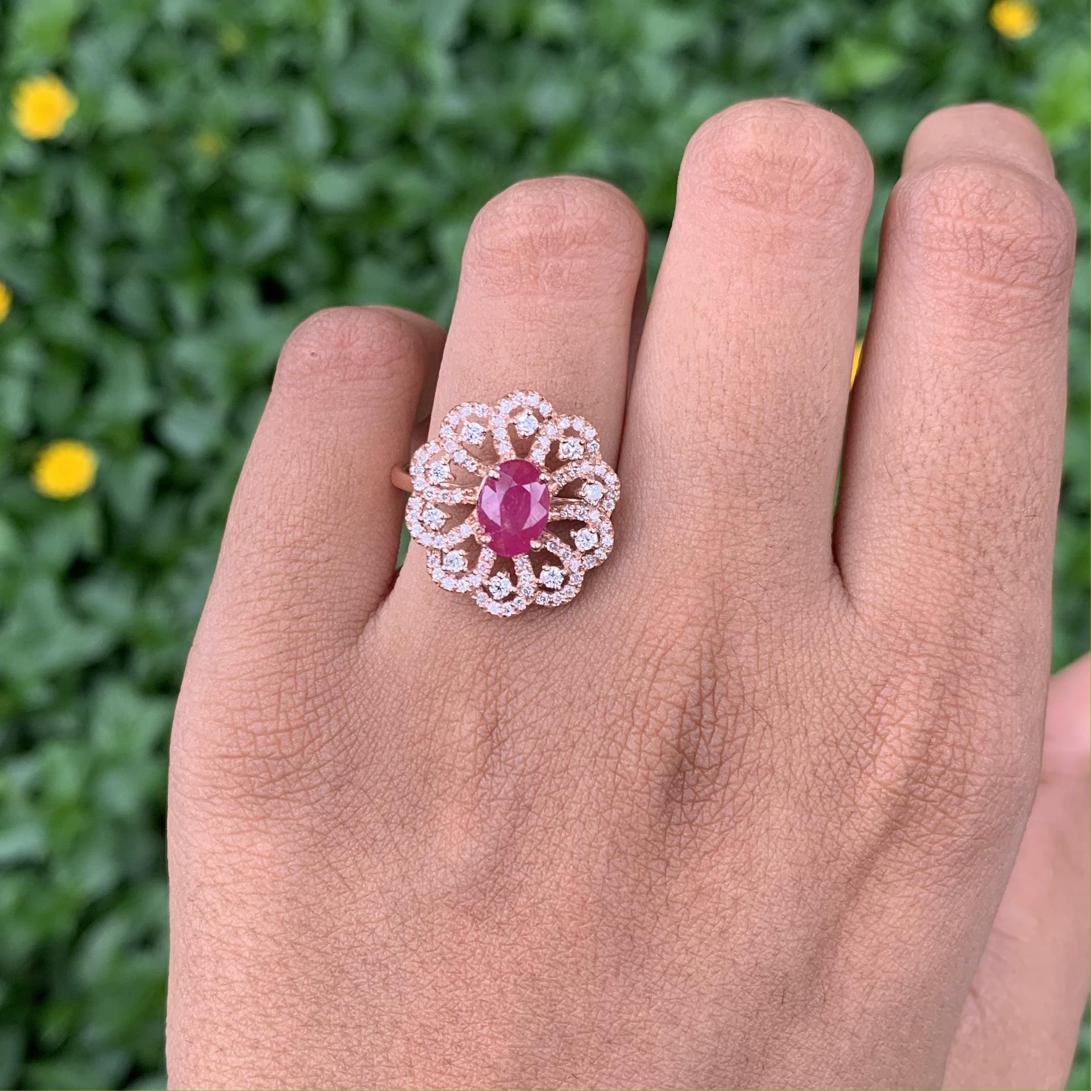 No-Heat 1.49 Ct Pink Ruby & Diamond Fancy Cocktail Ring in 18K Rose Gold For Sale 4