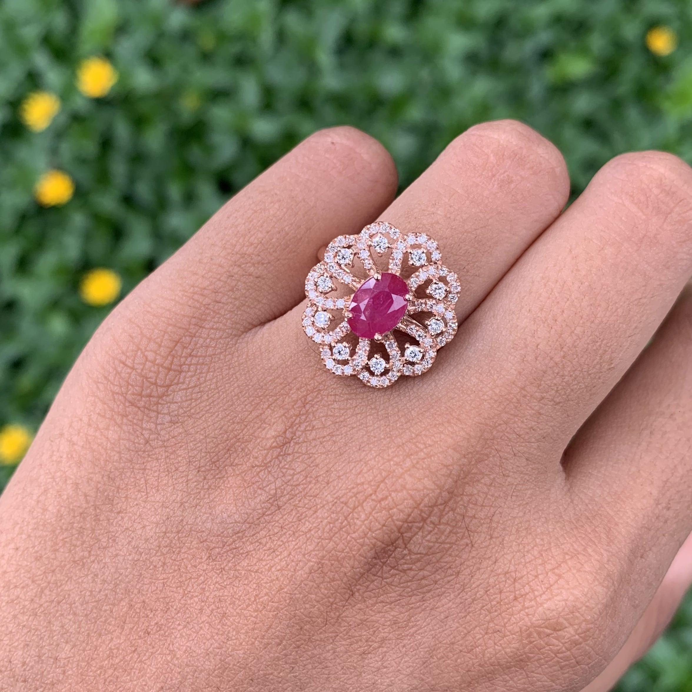 Women's or Men's No-Heat 1.49 Ct Pink Ruby & Diamond Fancy Cocktail Ring in 18K Rose Gold For Sale