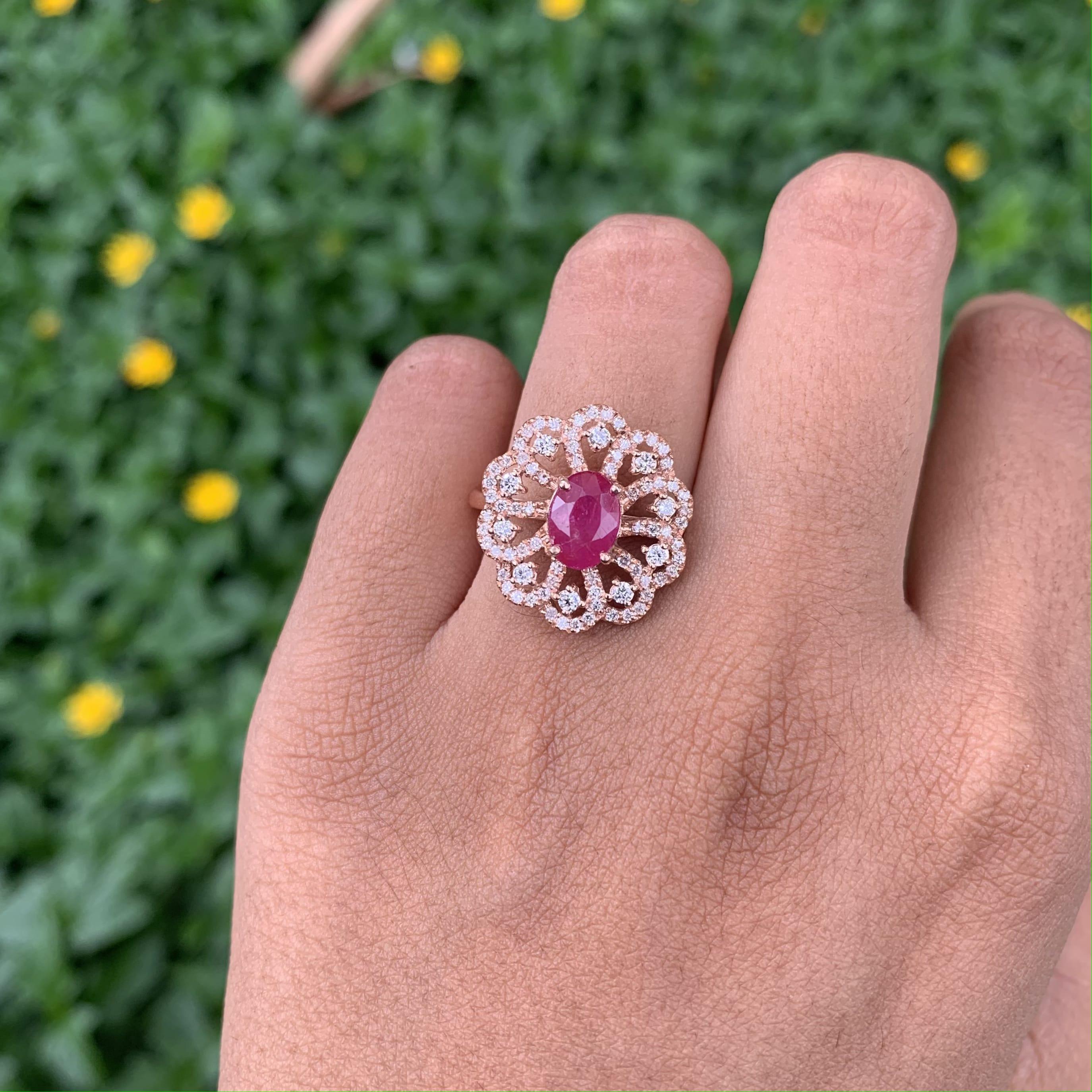 No-Heat 1.49 Ct Pink Ruby & Diamond Fancy Cocktail Ring in 18K Rose Gold For Sale 1