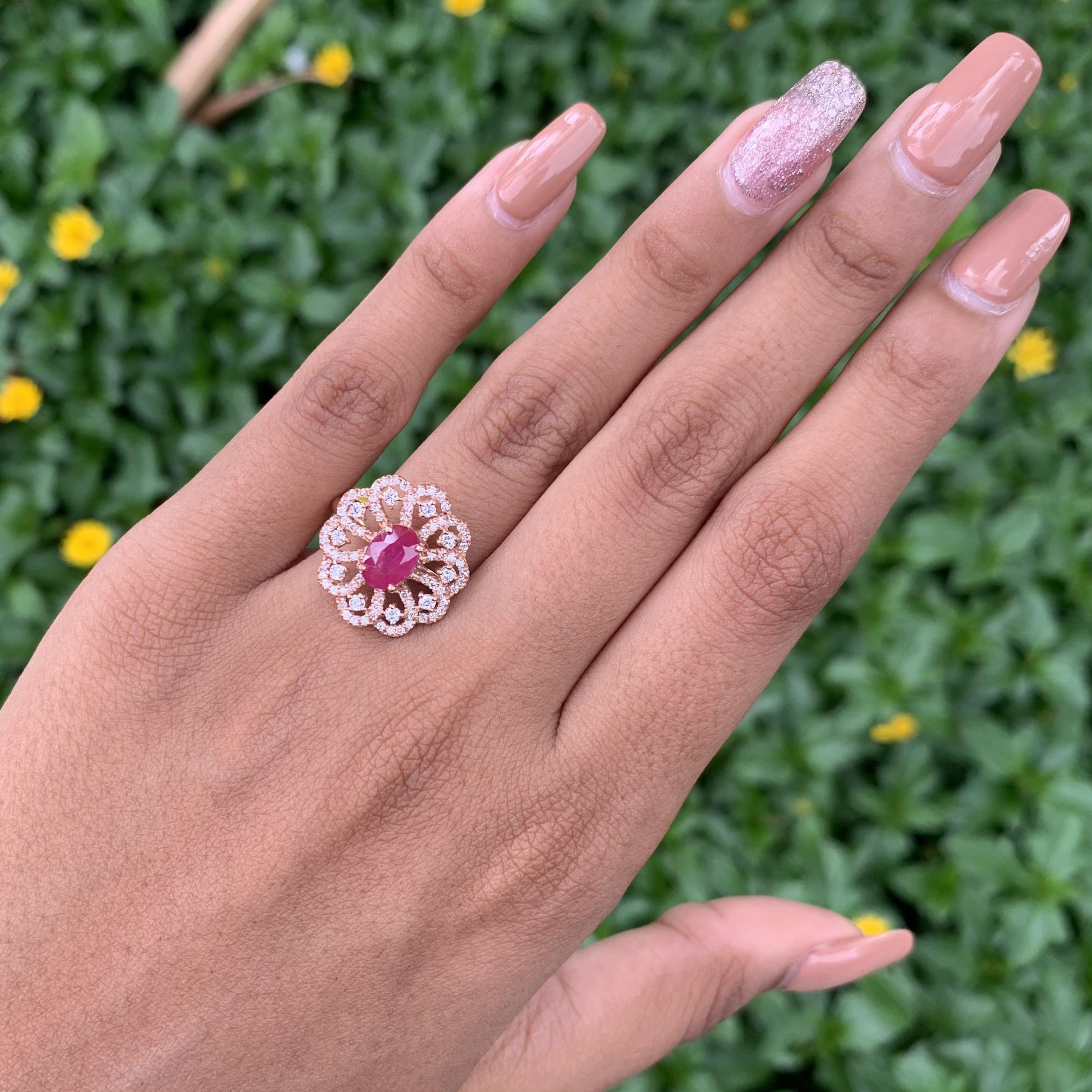 Women's or Men's No-Heat 1.49 Ct Pink Ruby & Diamond Fancy Cocktail Ring in 18K Rose Gold For Sale