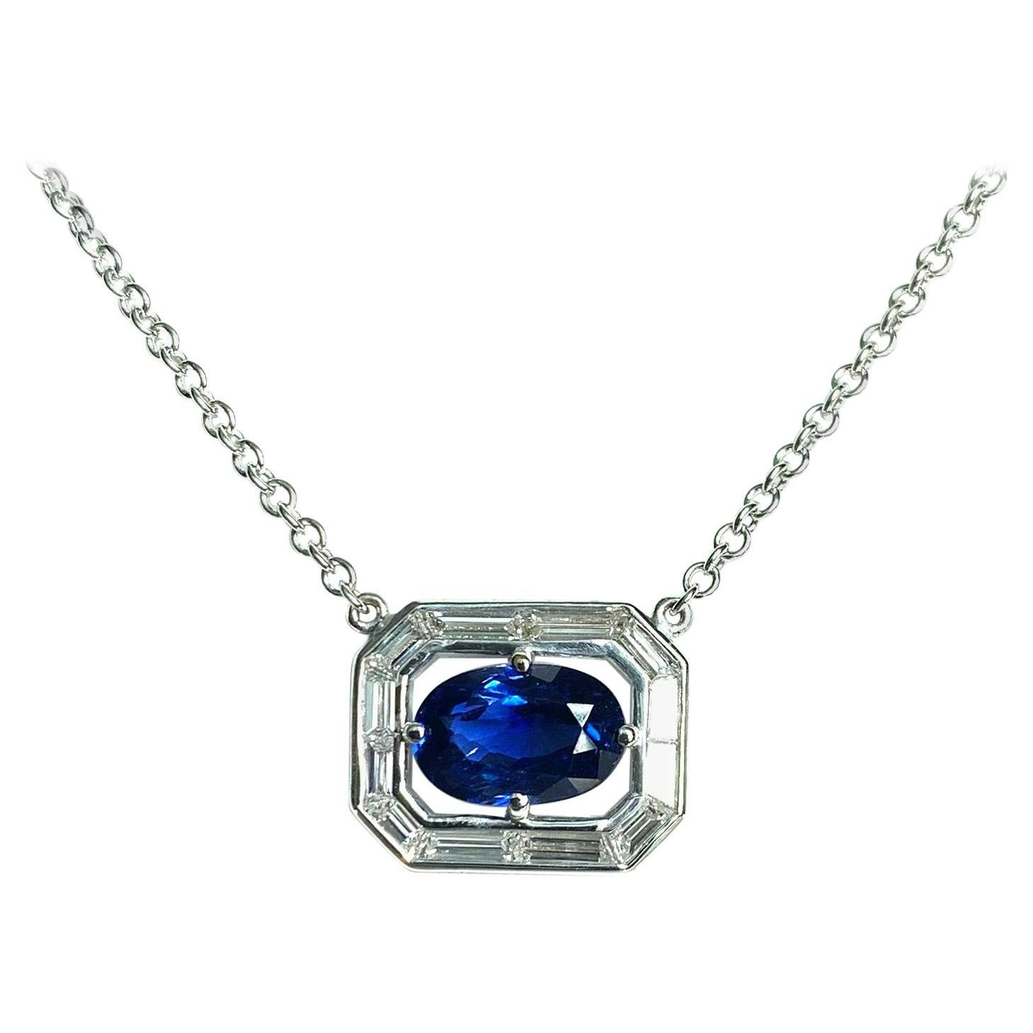 Art Deco Inspired Unheated GIA Blue Sapphire, Diamond, White Gold Necklace
