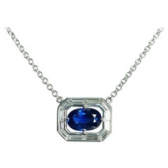 Art Deco Inspired Unheated GIA Blue Sapphire, Diamond, White Gold Necklace