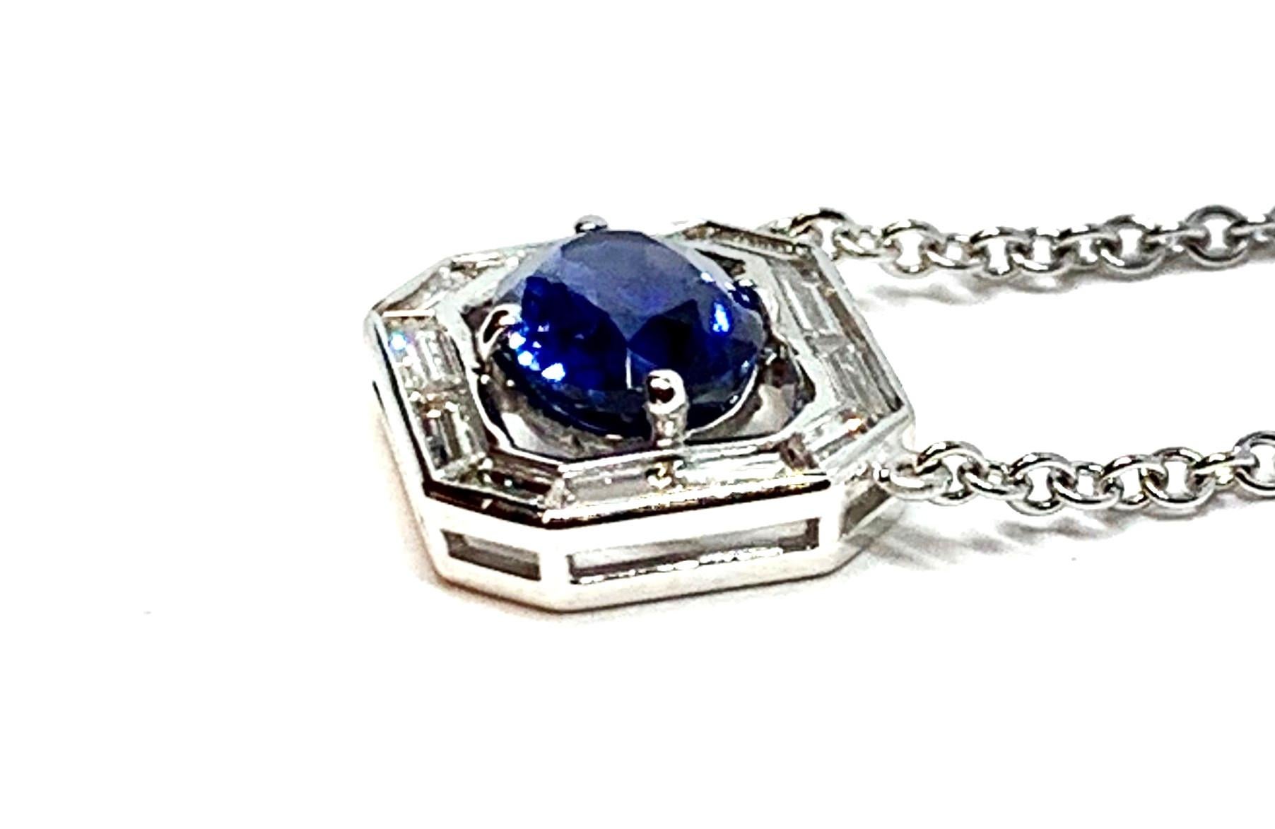 Oval Cut Art Deco Inspired Unheated GIA Blue Sapphire, Diamond, White Gold Necklace
