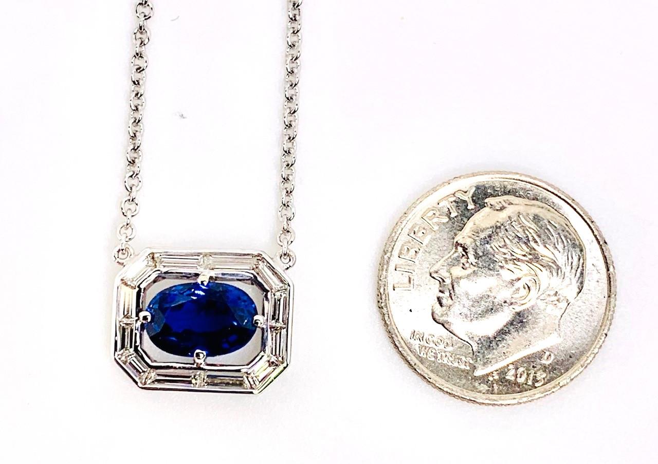 Art Deco Inspired Unheated GIA Blue Sapphire, Diamond, White Gold Necklace In New Condition In Los Angeles, CA