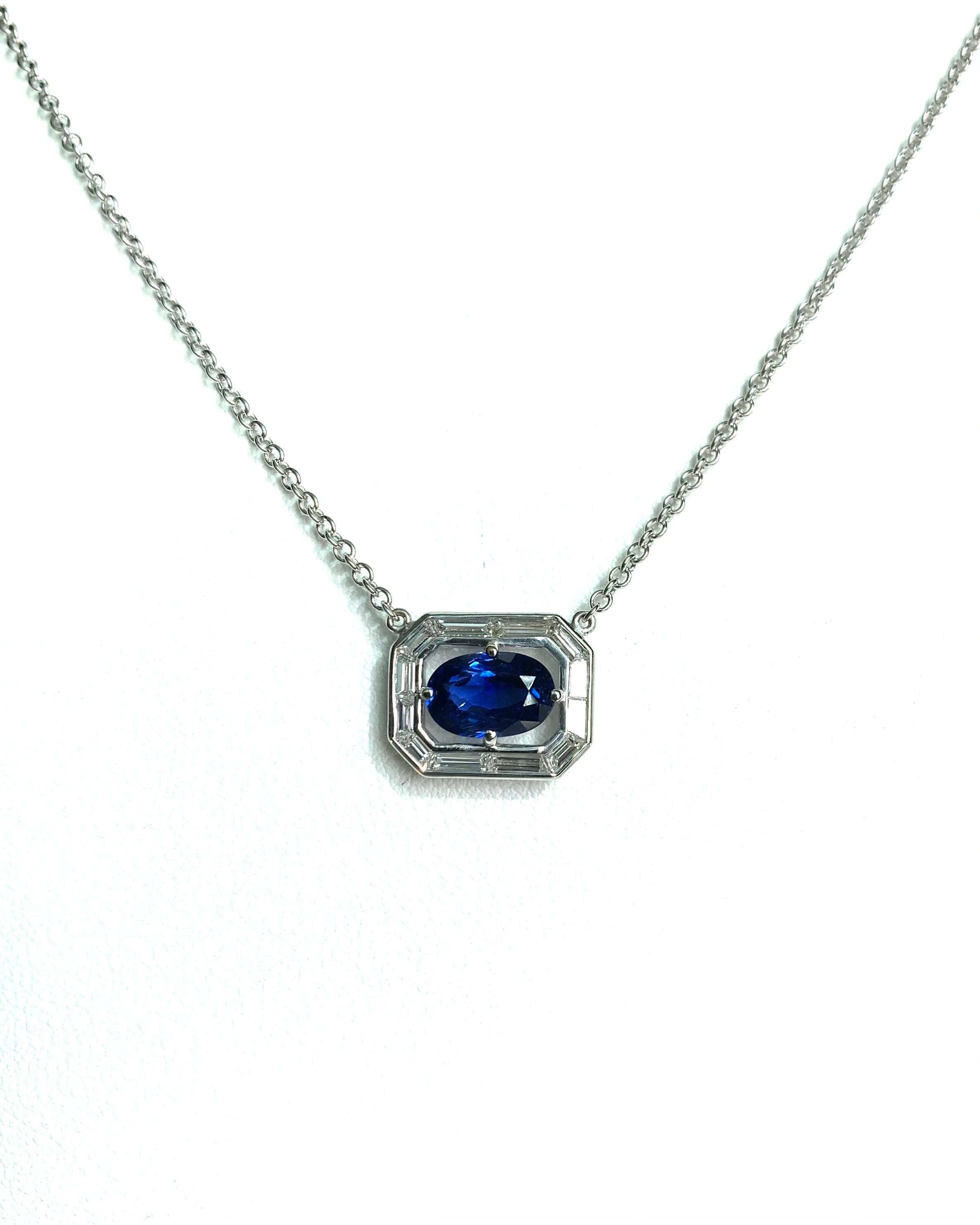 Women's Art Deco Inspired Unheated GIA Blue Sapphire, Diamond, White Gold Necklace