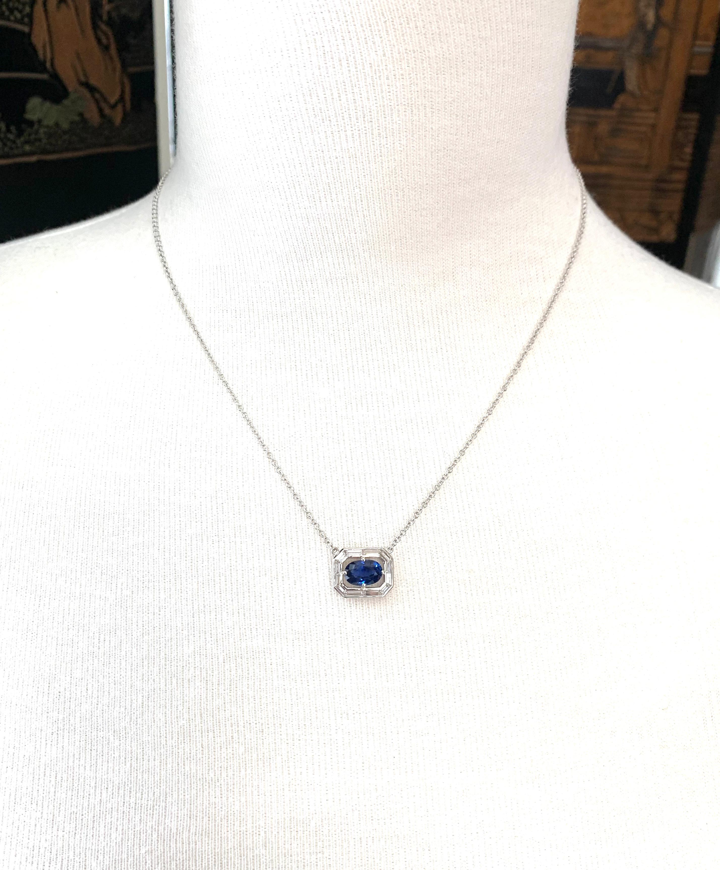 Art Deco Inspired Unheated GIA Blue Sapphire, Diamond, White Gold Necklace 1