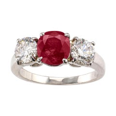 Unheated 1.90 Carat Burma Ruby Diamond Three-Stone Platinum Ring