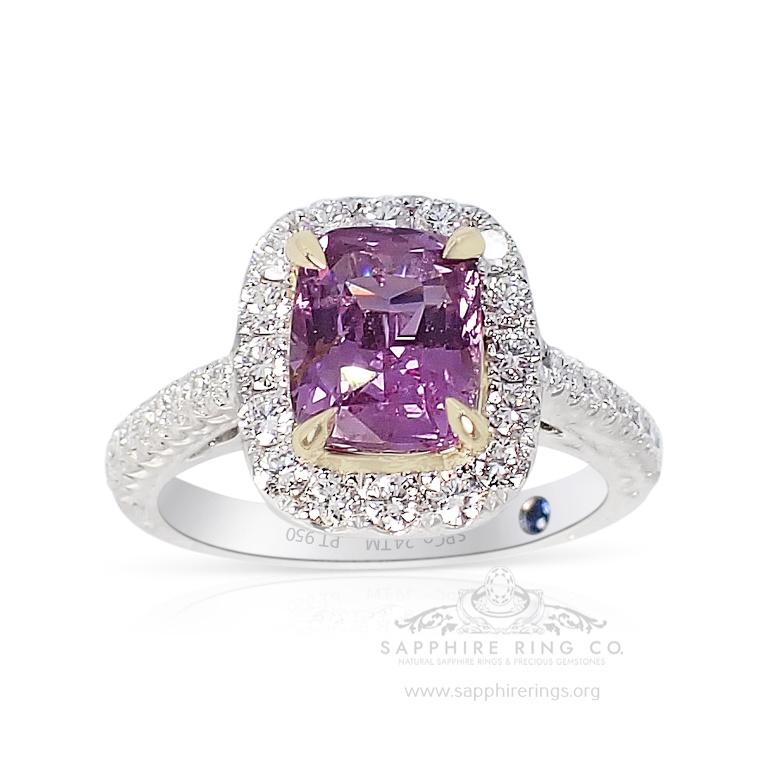 Cushion Cut Unheated 2.05 ct Pink Sapphire Ring, Platinum 950 GIA Certified  For Sale