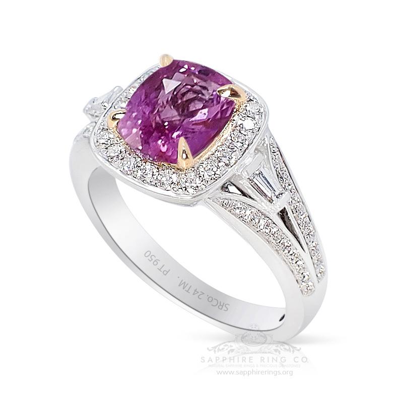 Cushion Cut Unheated 2.05 ct Pink Sapphire Ring, Platinum 950 GIA Certified For Sale