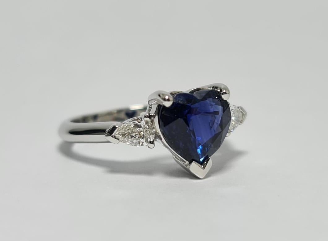 Romantic Lotus Unheated Royal Blue 2.51Ct Heart Sapphire, Pear Diamond 18k White Gold Ring For Sale