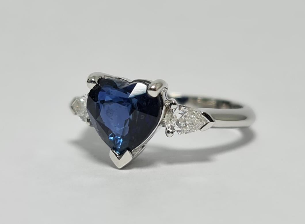 Heart Cut Lotus Unheated Royal Blue 2.51Ct Heart Sapphire, Pear Diamond 18k White Gold Ring For Sale