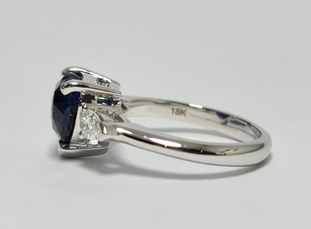 Women's or Men's Lotus Unheated Royal Blue 2.51Ct Heart Sapphire, Pear Diamond 18k White Gold Ring For Sale