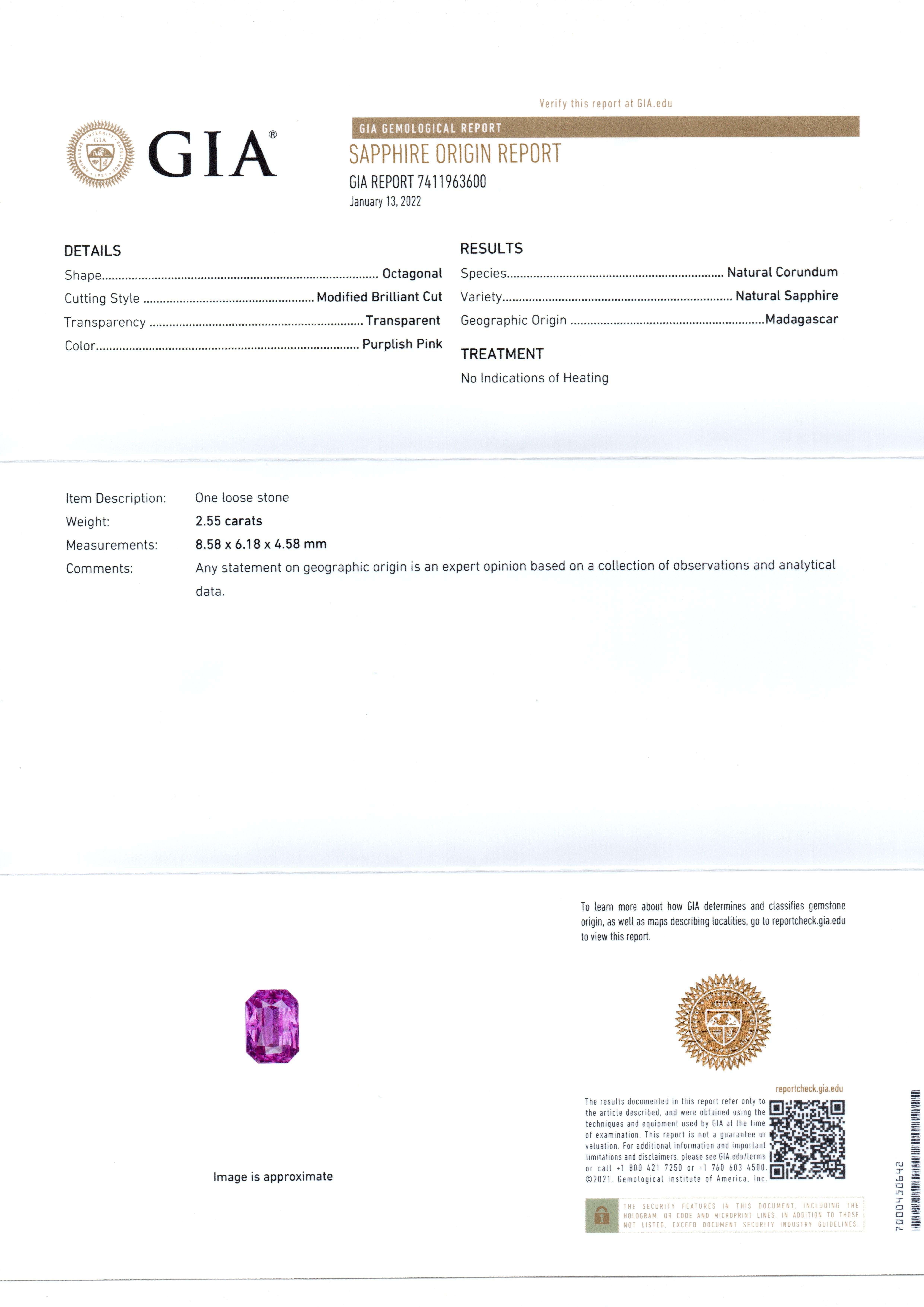 Taille émeraude Saphir rose vif non chauffé 2,55 carats et 2 diamants taille émeraude 950, certifiés GIA en vente