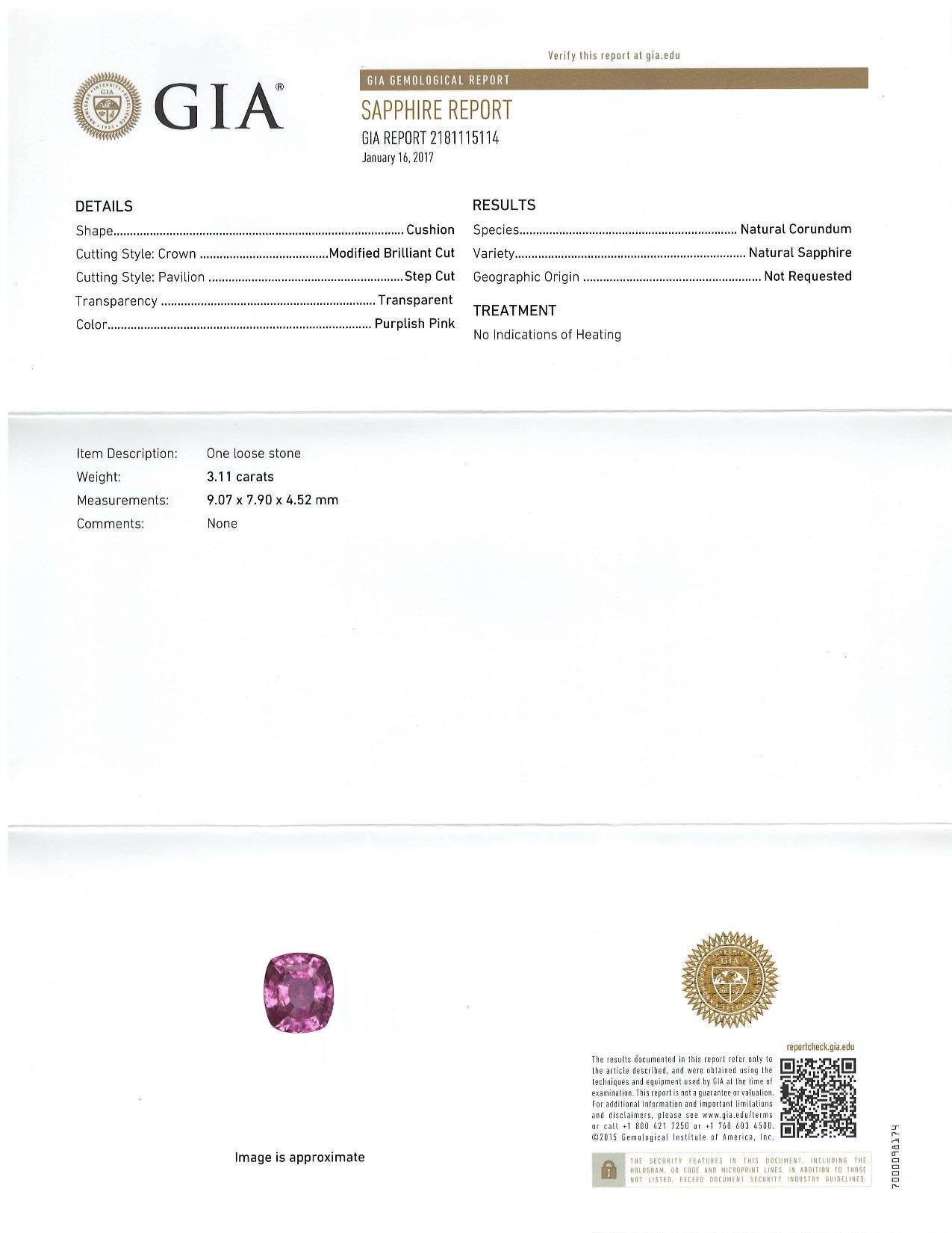 Women's or Men's Unheated 3.11 Carat Purple Pink Sapphire, Unset Loose Gemstone, GIA Certified For Sale